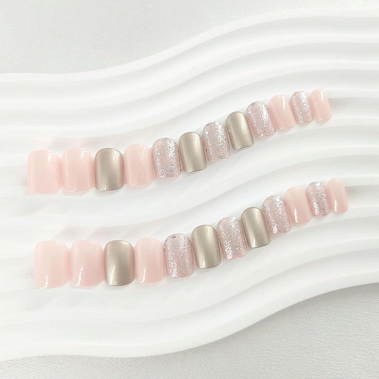Acrylic Press on Nails Short Square Fake Nails Light Pink Nail Press ons with Silver Glitter Sequins Designs Gold Glue on Nails Glossy Manicure Style Artificial Nails 24Pcs for Girls Women