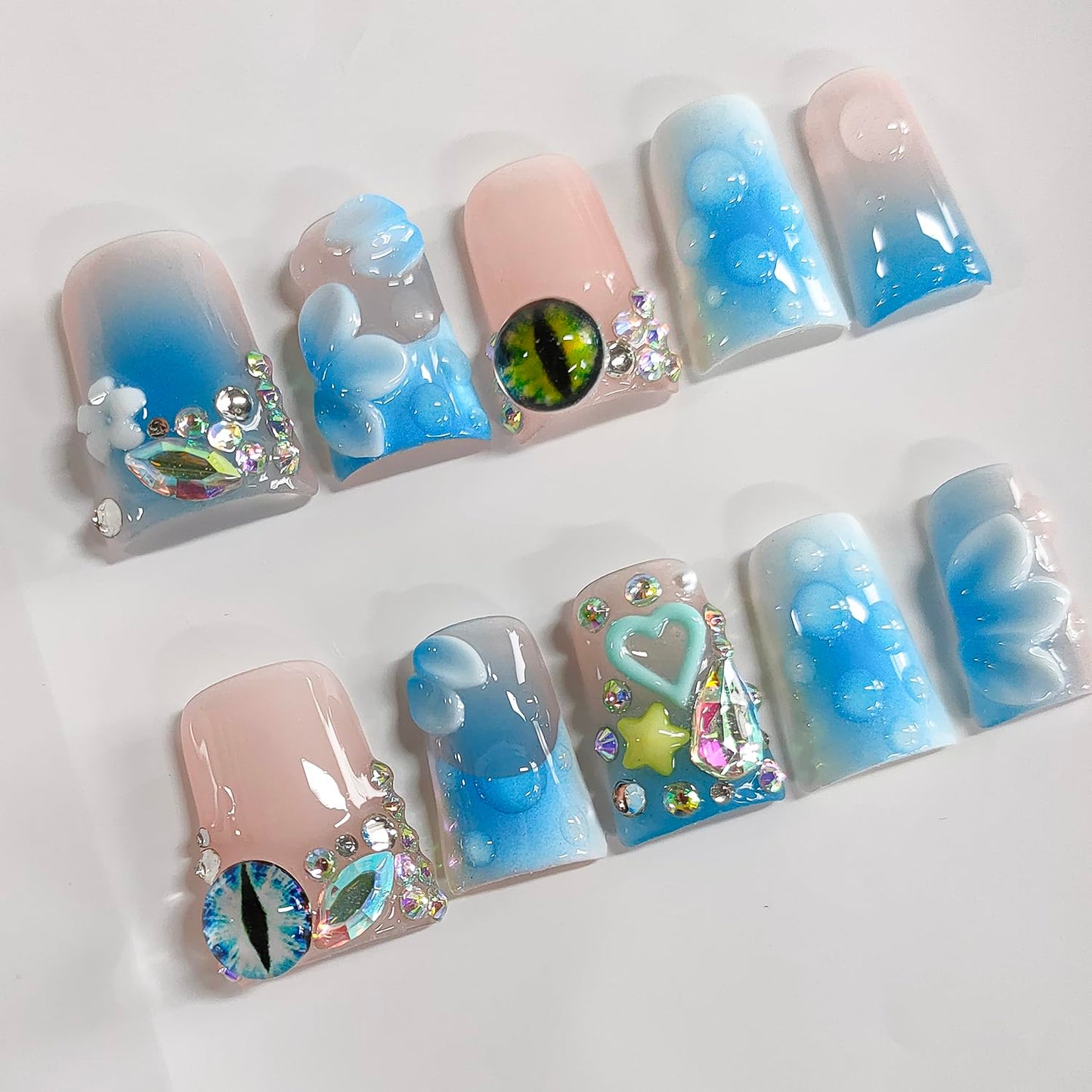 Handmade Press on Nails Short Duck 3D Floral Thick Acrylic Fake Nails French Tip False Nails with Rhinestones Flower Eyes Charms Designs Nail Blue Sturdy Art Press on Nail 10Pcs(S)