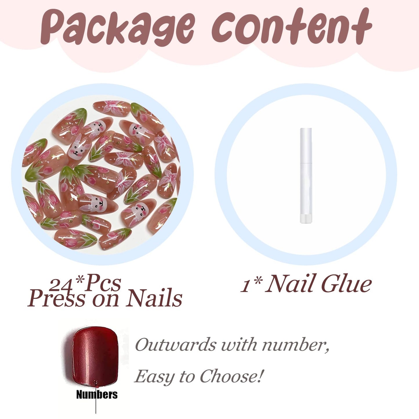 BABALAL Press On Nails, Short Almond Fake Nails, Pink Blossom With Bunny & Floral, Cute Kawaii Spring Summer Glossy Glue On Nails For Women And Girls Kids 24Pcs