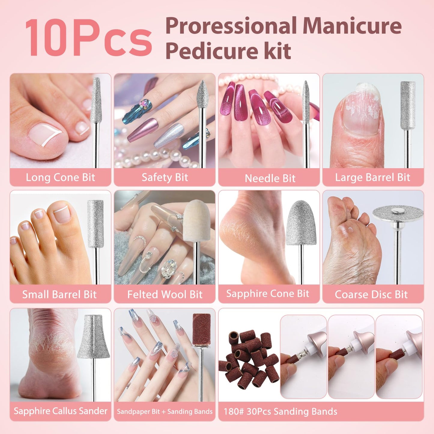 ZABOUL Electric Nail Drill Kit Cordless Professional Manicure Pedicure Nail File Buffer for Acrylic Nails Gel Polishing Removing Manicure Salon Home with Nail Drill Bits Sanding Bands