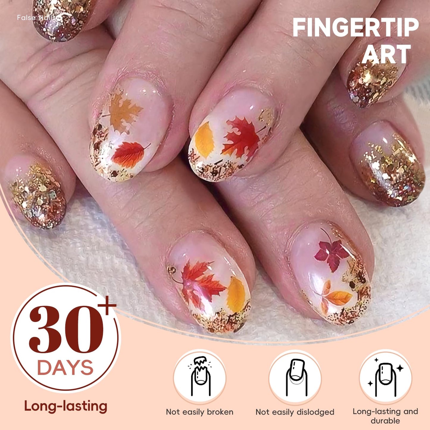 HOSAILY Fall Press-on Nails Extra Short Oval, White Ombre Gradient Base with Red Maple Leaf & Gold Glitter Design, 24pcs Autumn Cute Full Cover Stick on Acrylic Fake Nails with Glue Women Daily Wear
