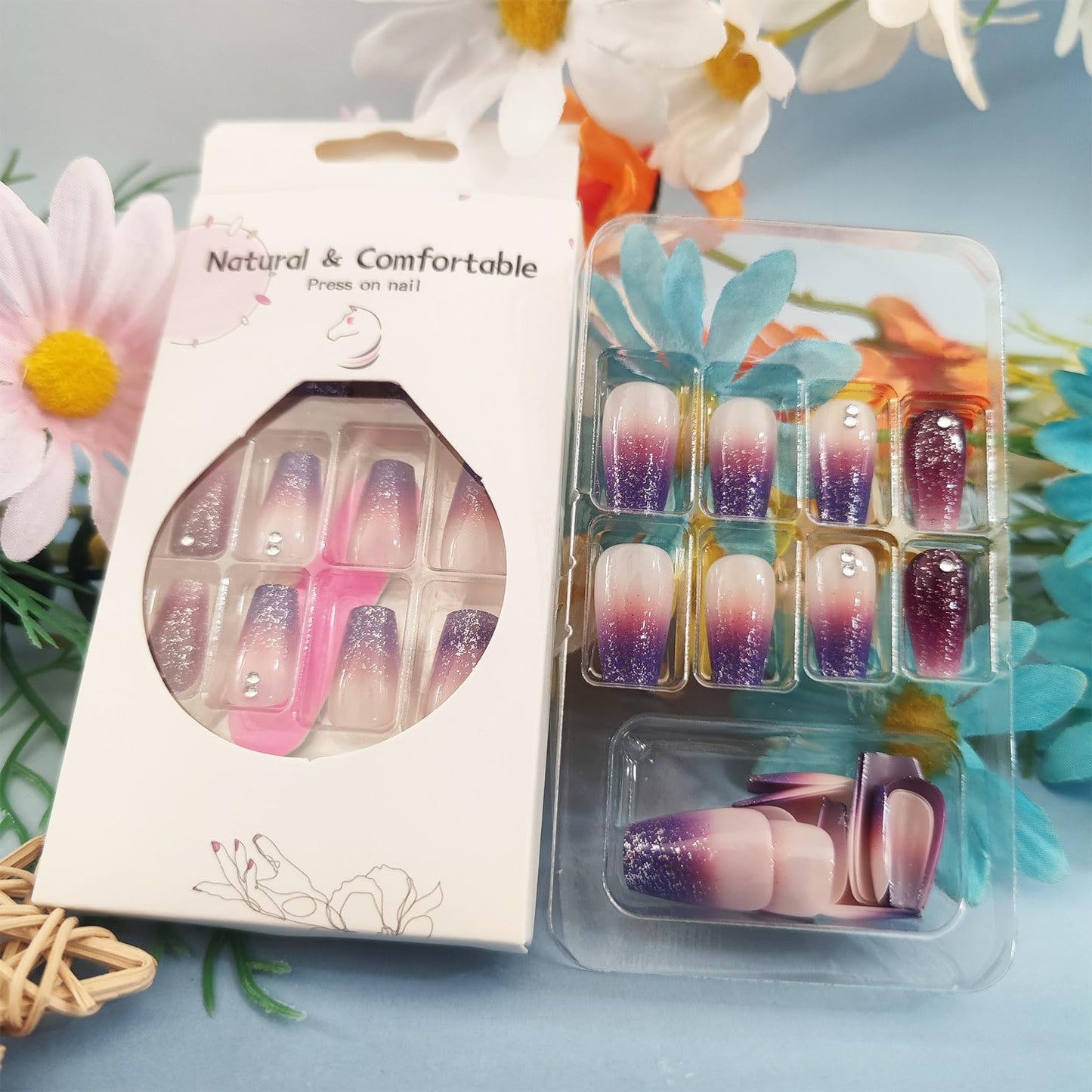 24Pcs Purple Gradient Press on Nails Glossy Silver Glitter Medium Coffin False Nail Ombre Acrylic Full Cover Fake Nails Rhinestones Gel Glue on Fingernail French Stick on Nail for Holiday Manicure Art