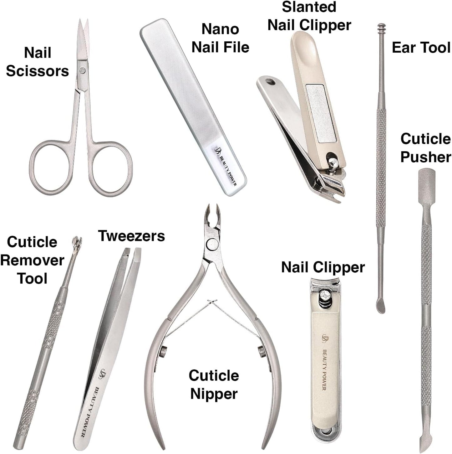 Beauty Power 9 in 1 Professional Manicure Pedicure Set - Stainless Steel Nail Clippers, Nano File, Cuticle Nipper, Scissors, Tweezers, Travel PU Leather Case for Men & Women - Gift Ready (Brown)