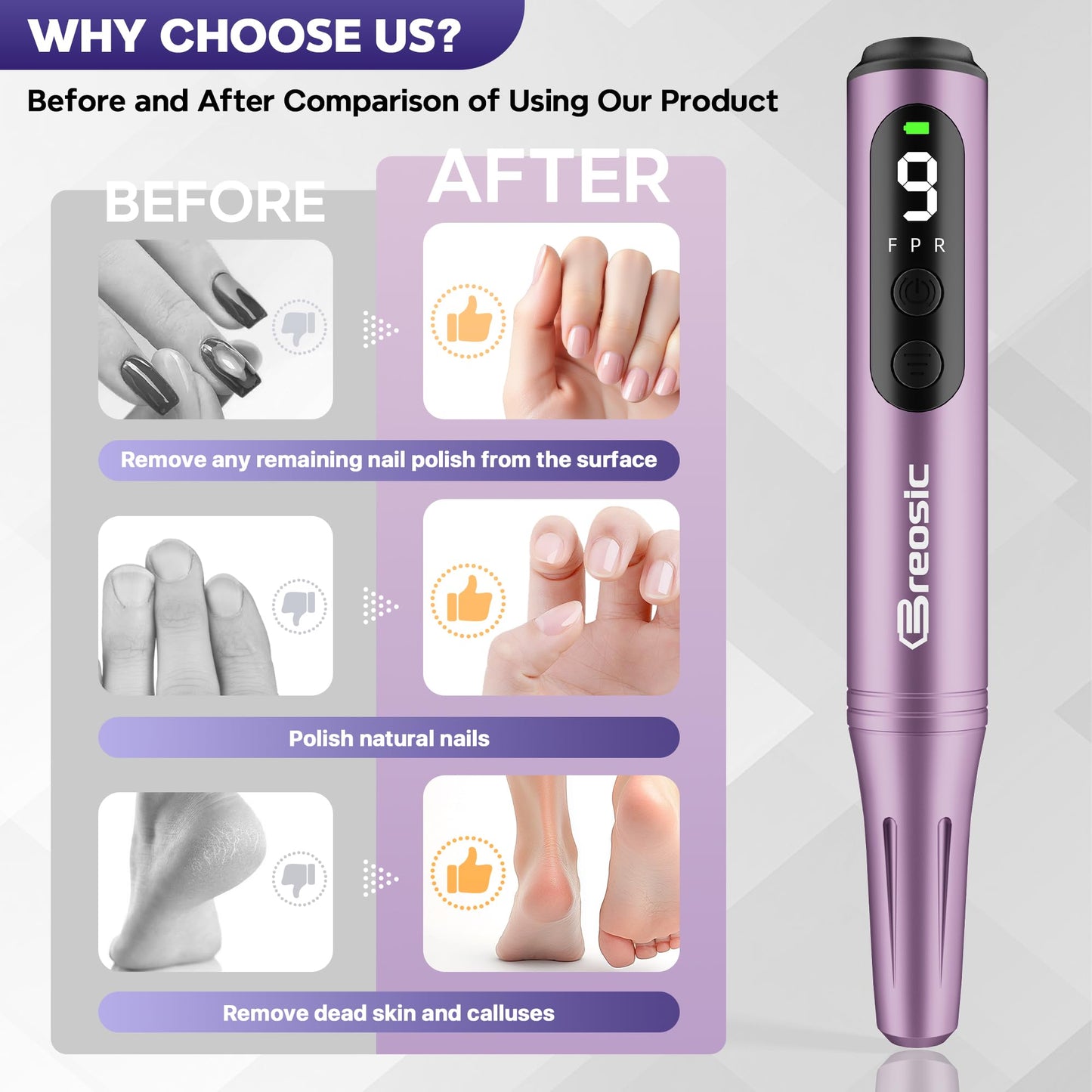 Breosic Electric Nail Drill Professional 35000RPM,Rechargeable Electric Nail File Cordless with 9-Speed & LED Display,12-in-1 Portable Manicure Pedicure kit for Acrylic Gel Dip Powder Nails (Purple)