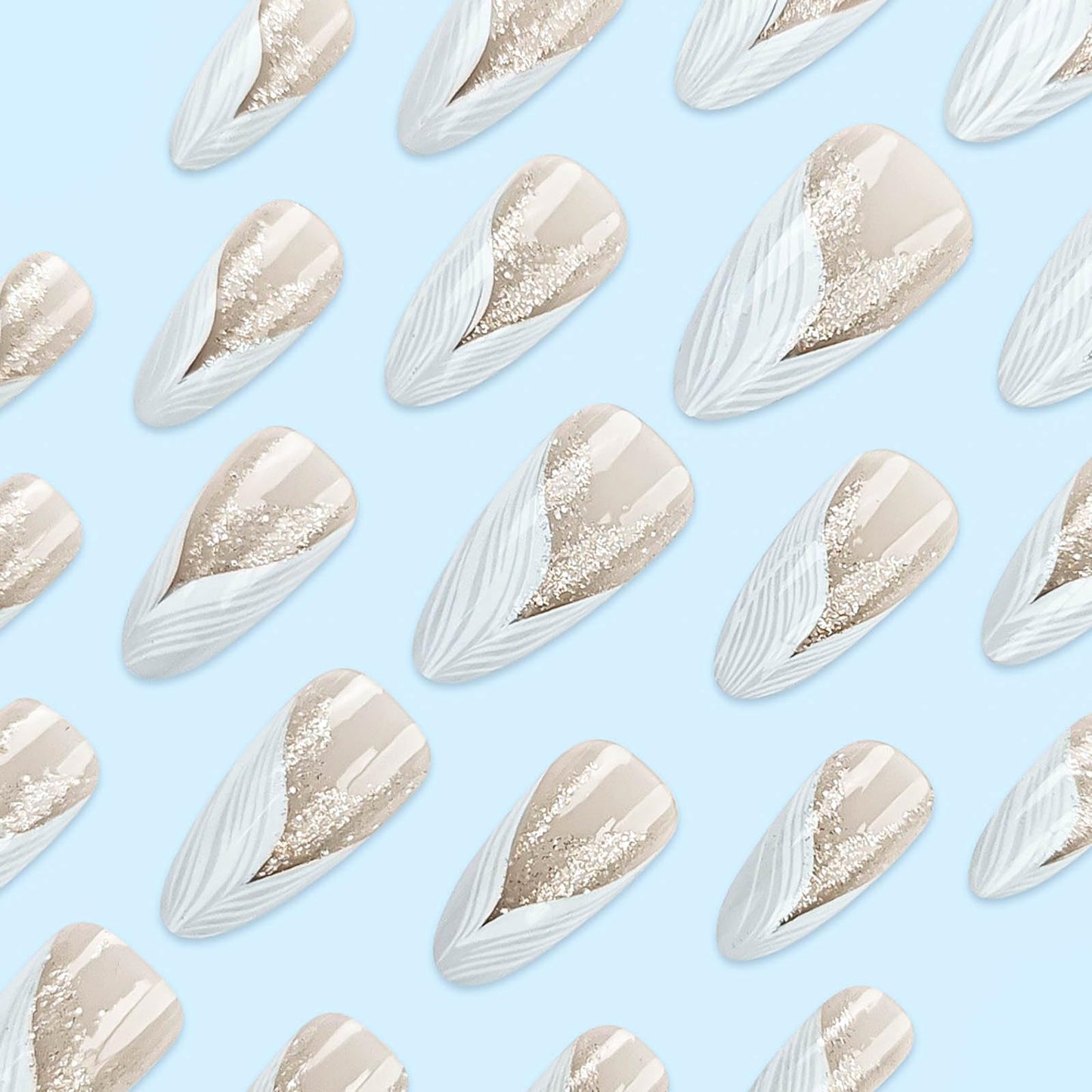 RUOKEXIN Almond Press on Nails White French Tip Fake Nails Medium False Nails with Silver Glitter Designs Almond Nail Press ons Nude Full Cover Glue on Nails Cute Stick on Nails for Women 24Pcs