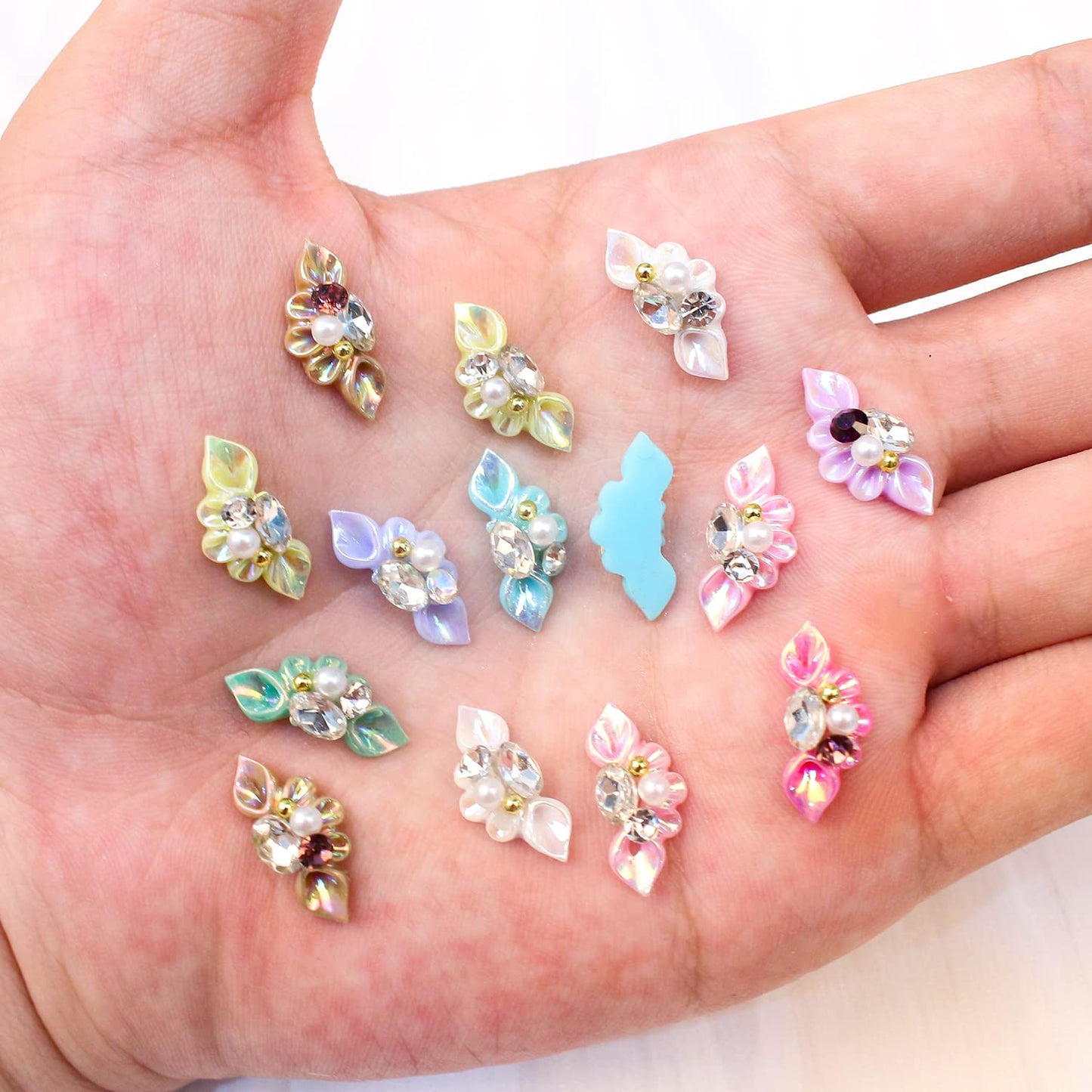DANNEASY 30pcs 5d Flower Nail Charms Flat Back Embossed Nail Art Charms with Rhinestones Pearl Crystals Diamond Gems Nail Jewels Nail Decoration for Acrylic Nails DIY Craft Jewelry Making Accessories