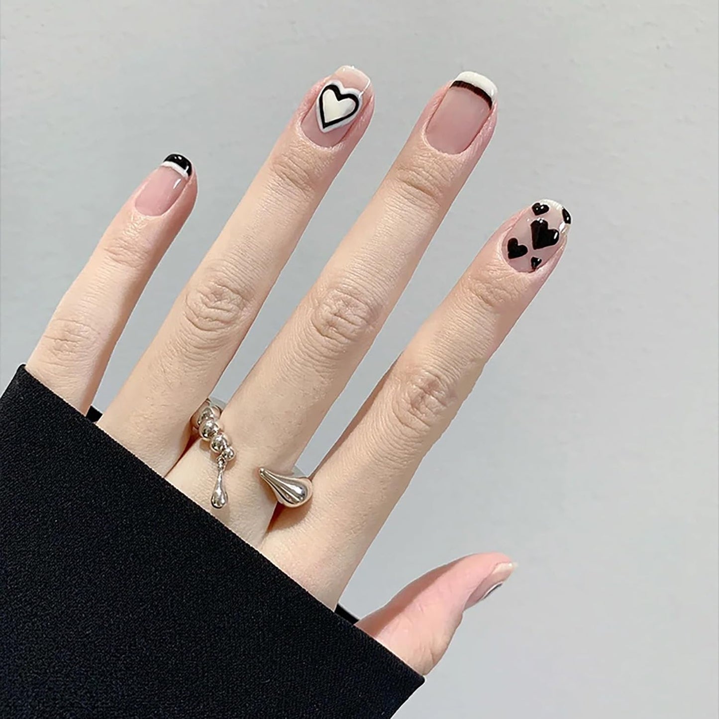 Vezocim Press on Nails Square Short French Tips Black 24Pcs Artificial Square Fake Nails with Heart Designs Glossy Full Cover Acrylic Extra Short Coffin False Nails Glue ons Fingernails for Women