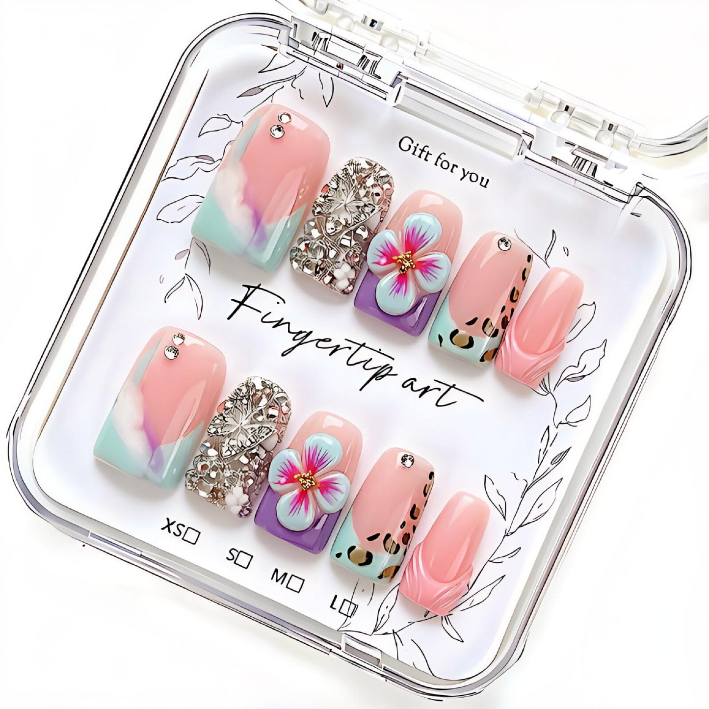 Handmade Acrylic Press on Nails Short Duck Nails Press on 3d Floral Designs Square Reusable Fake Nails Luxury Rhinestones Cute for Women (Size M）