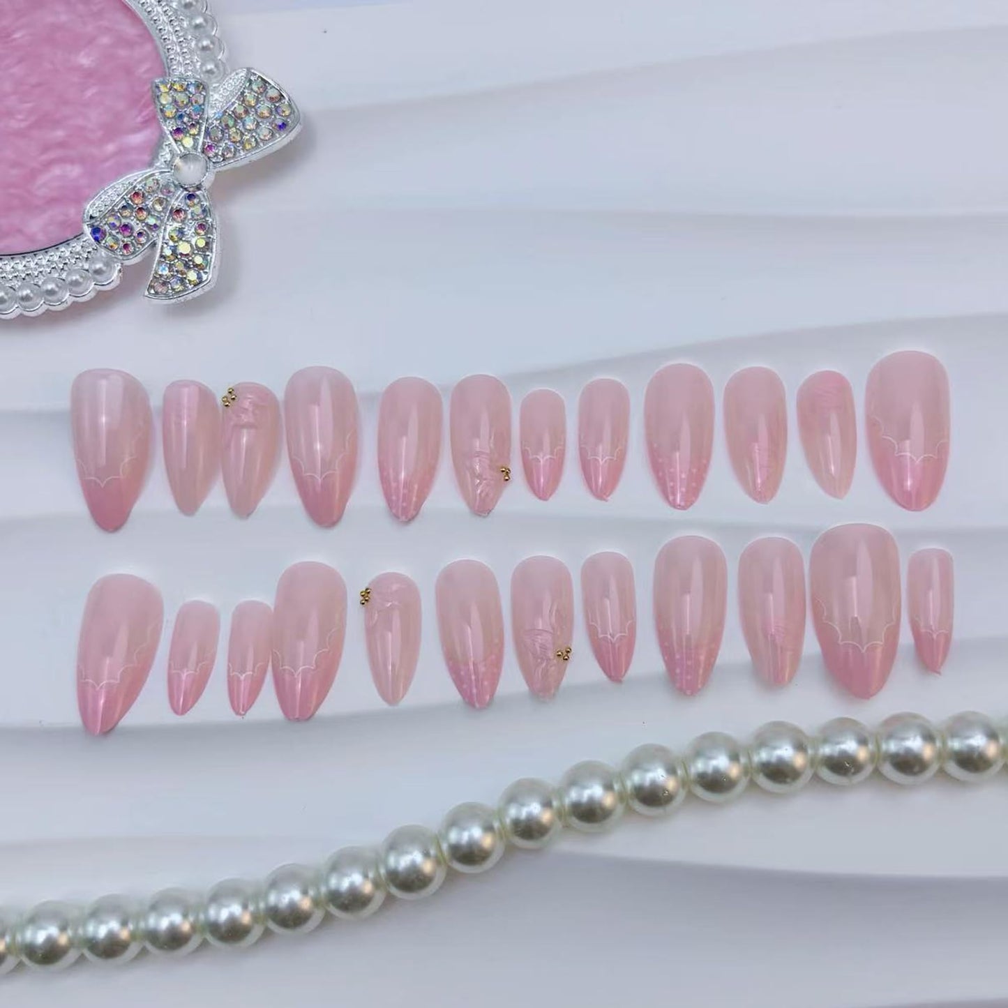 24Pcs Light Pink Press on Nails Medium Almond Fake Nails with 3D Floral & Gold Rhinestones False Nails Acrylic Glossy Full Cover Stick on Nails for Women Manicure Decorations