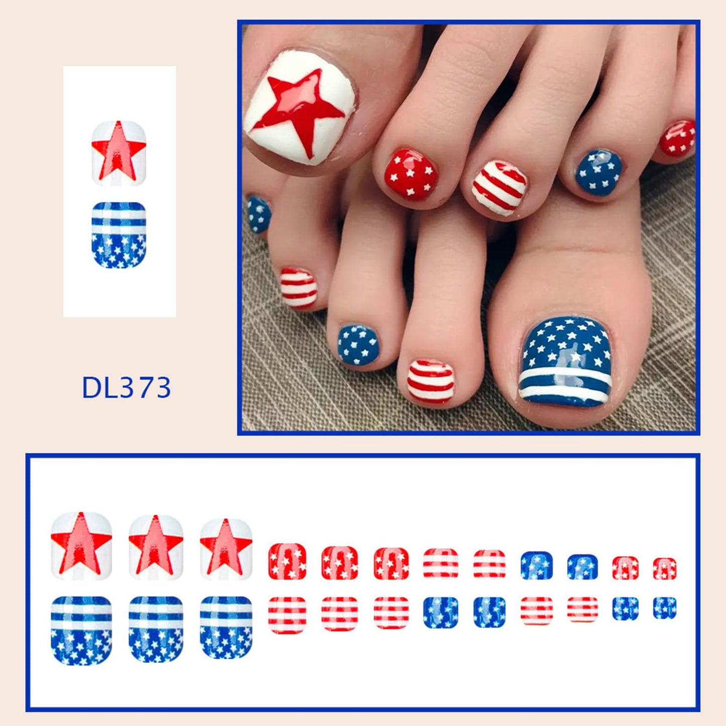 4th of July Press on Toenails Short Square Fake Toe Nails Red Blue Star Toenail Press ons Summer Independence Day Toe Press on Nails Full Cover Reusable Stick on Toenails for Women 24Pcs