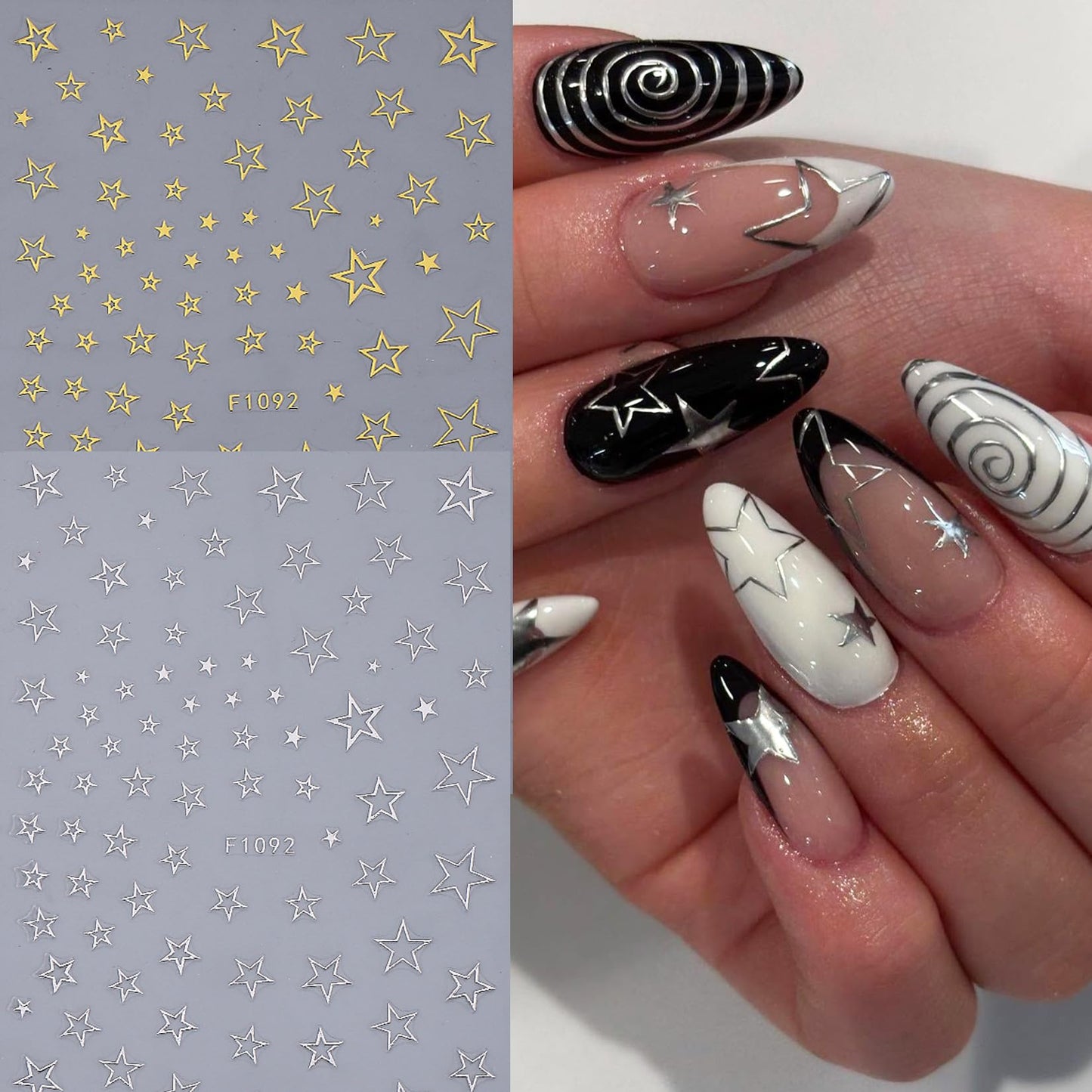 Hollow Star Nail Stickers Decals 12 Sheets Y2K Styles Star Nail Art Stickers Shiny Gold Silver Hot-Pink Black White Stars Nail Designs 3D Self Adhesive DIY Glitters Accessories Manicure Decoration