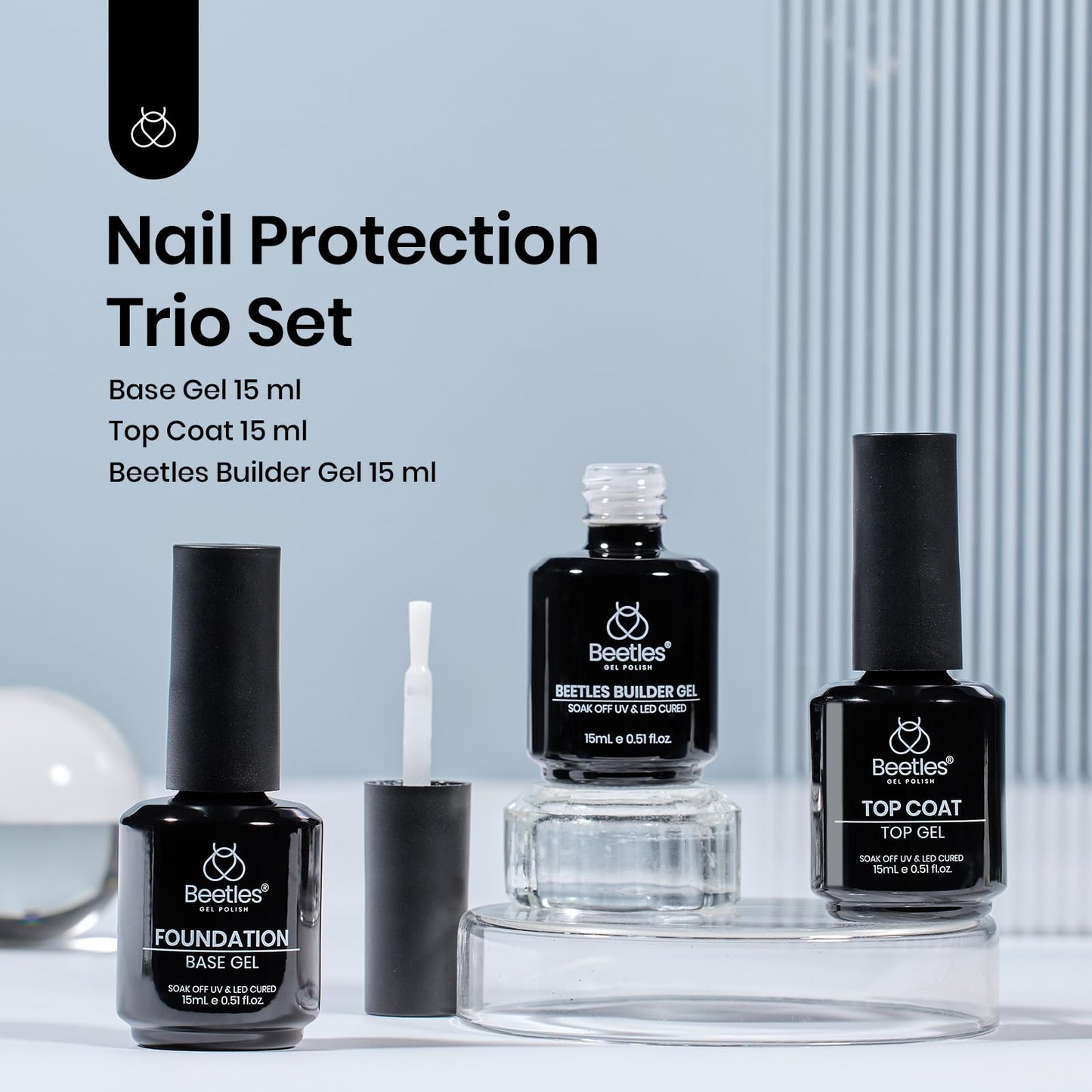 Beetles Builder Nail Gel & Top Coat and Base Coat Set-3Pcs 15ml White Gel Nail Polish Strengthener Gel Polish Soak Off UV LED for Nail Extension, Nail, Shine Effect Long Lasting