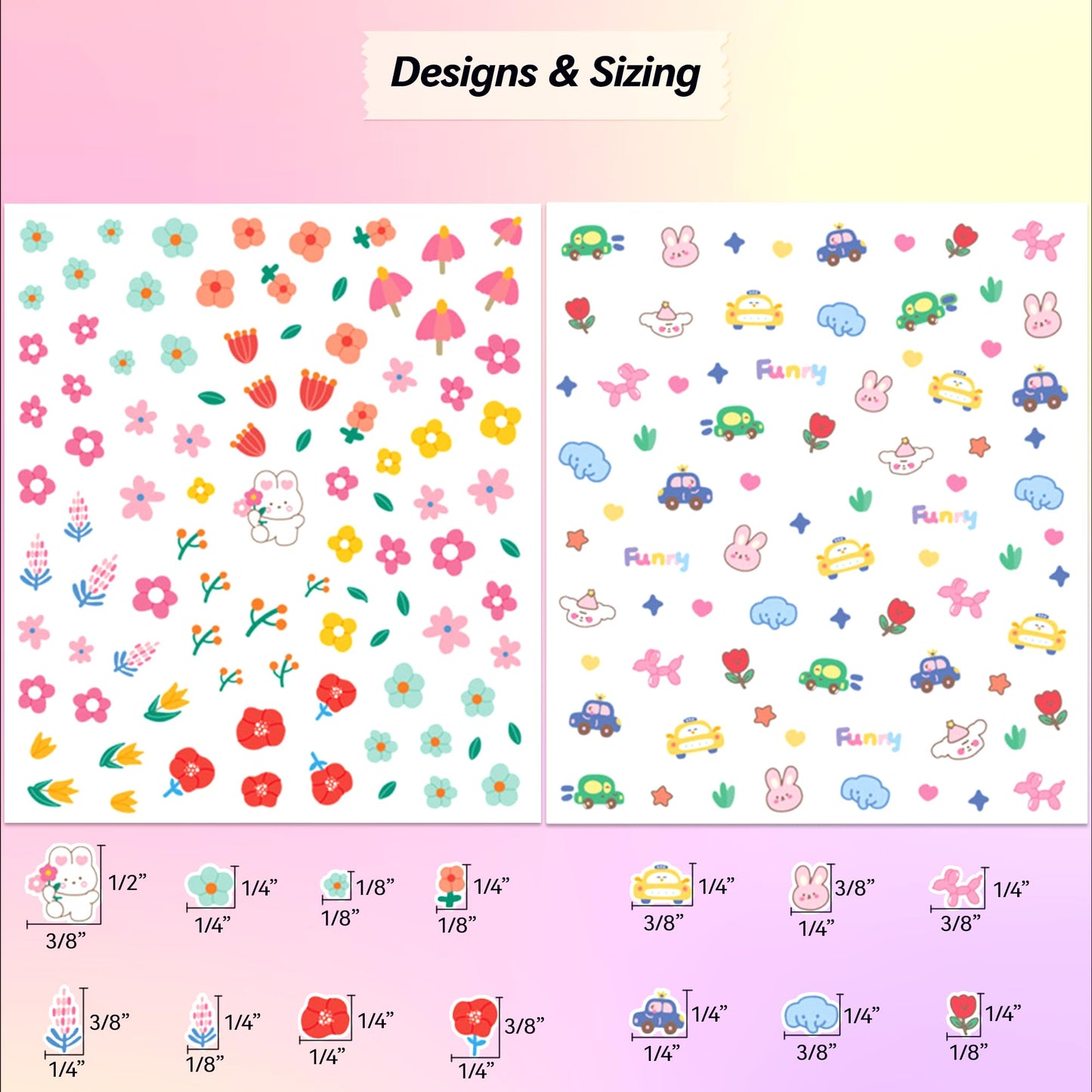 10 Sheets of 3D Nail Stickers - 719 Cute Nail Decals - Embossed Nail Stickers for Kids | Kawaii Theme - Butterfly, Flowers, Cats, Bunny, Stars, Fruits | Glow in The Dark