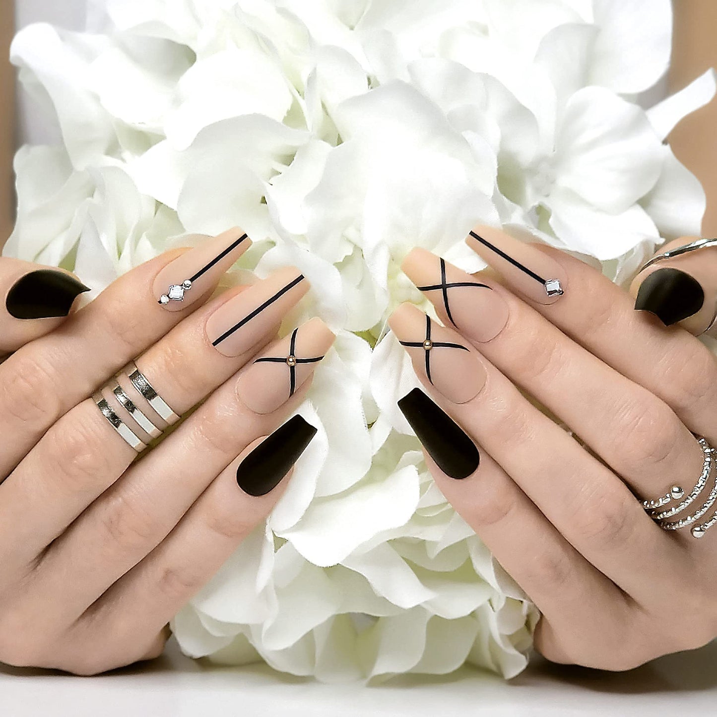 Hypnaughty 24 Pcs Monaco Black Matte and Nude Luxury Design with Rhinestones Coffin Press on Nails with Glue Medium Long Reusable Fake Nails (Monaco)