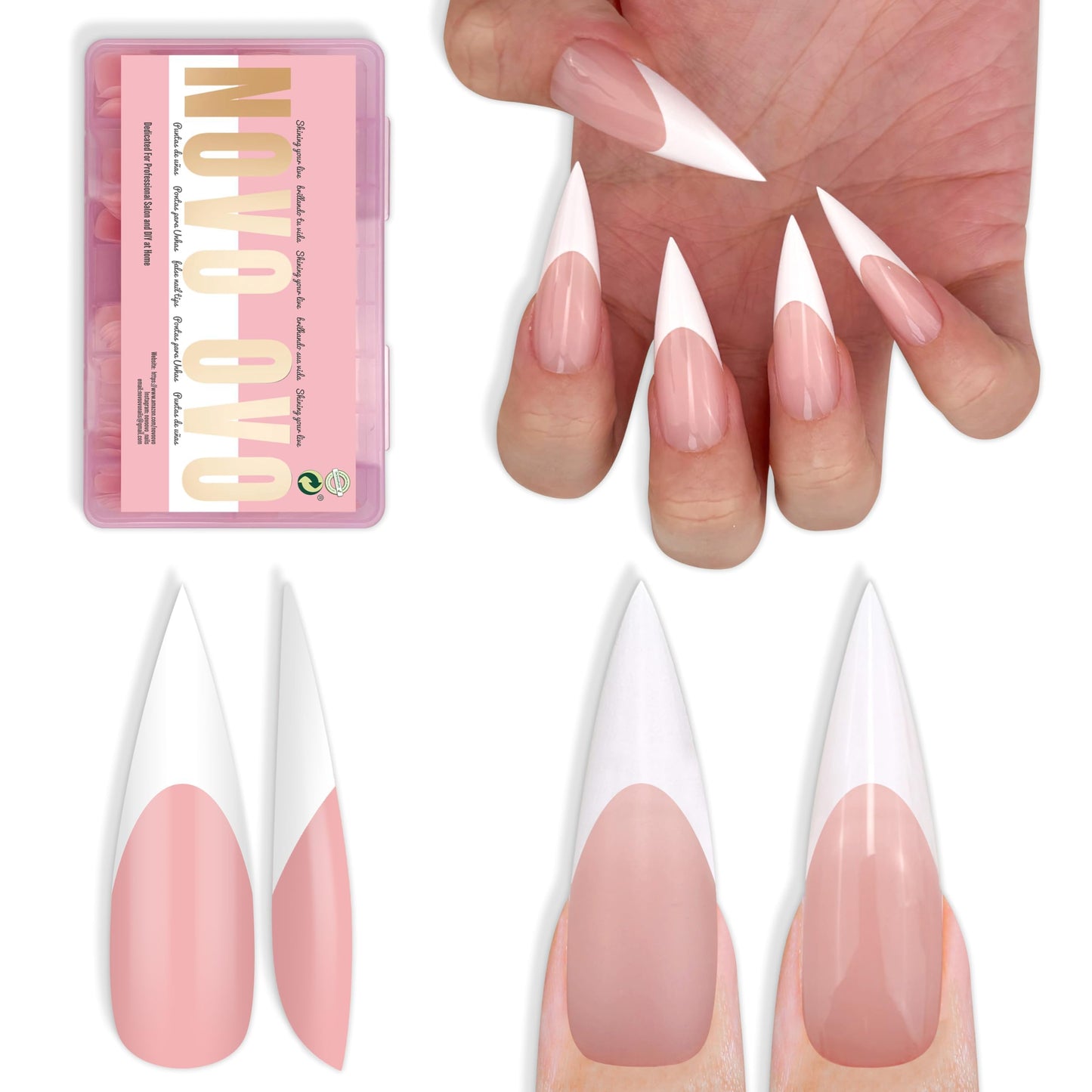 NOVO OVO White French Tip Long XL Sharp Stiletto Nail Tips Press on BABY PINK, Soft Gel Double Matte Fake Nail Extension, Full Cover False Nails for Acrylic DIY x 16 Sizes 160 pcs