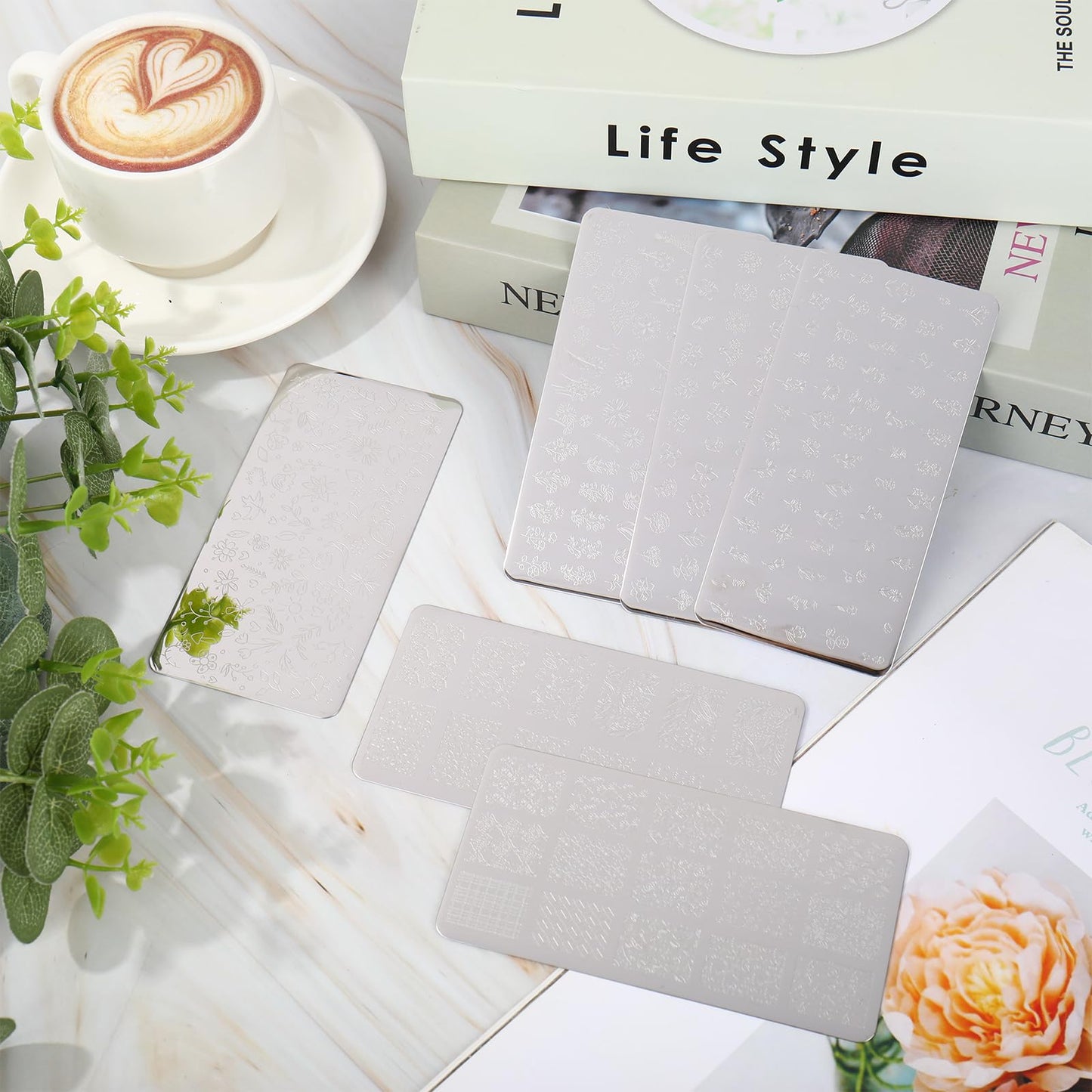 Whaline 6 Pcs Spring Summer Floral Nail Plates Stamping Set Flower Leaves Stamp Templates Nail Art Plates for DIY Print Manicure Salon Design