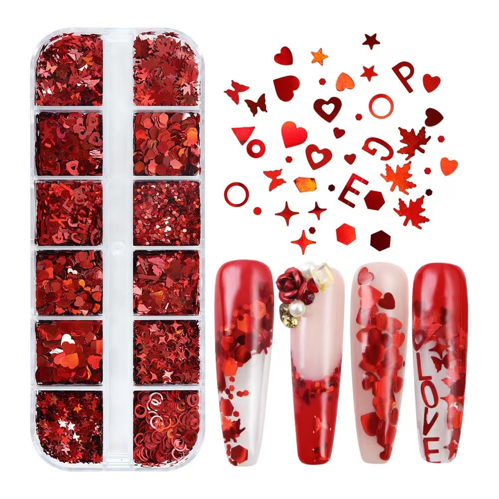 2 Boxes Nail Art Glitter Chameleon Holographic Glitter Red Nail Art Sequins 3D Flakes Laser Nail Glitter Design Shiny Glitters Accessories for Women Girls Supply Nail Charms Manicure DIY Nail Art