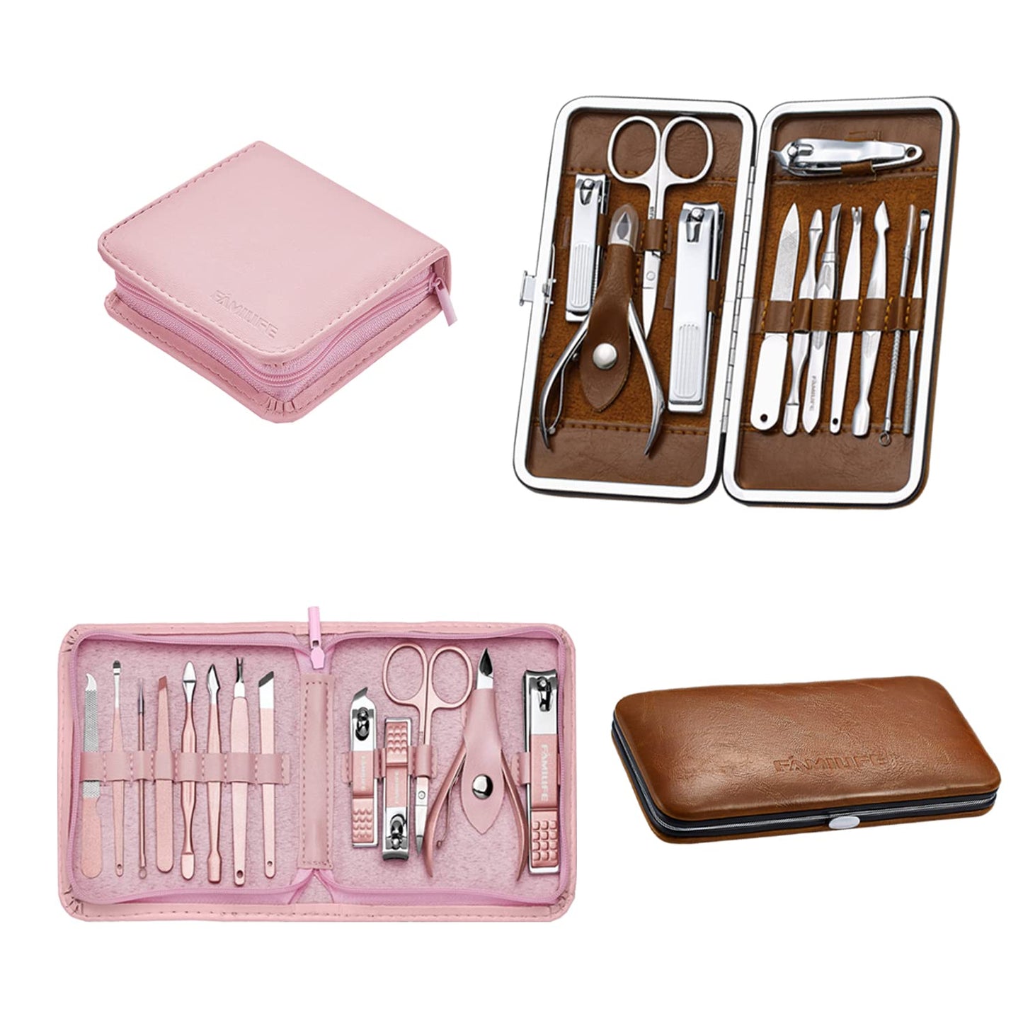 FAMILIFE F06 Manicure Set, 13pcs Pedicure Kit Rose Gold Nail Clipper Set Professional Manicure Kit and 12 Pieces Grooming Kit with Luxurious Leather Travel Case (D-Brown)