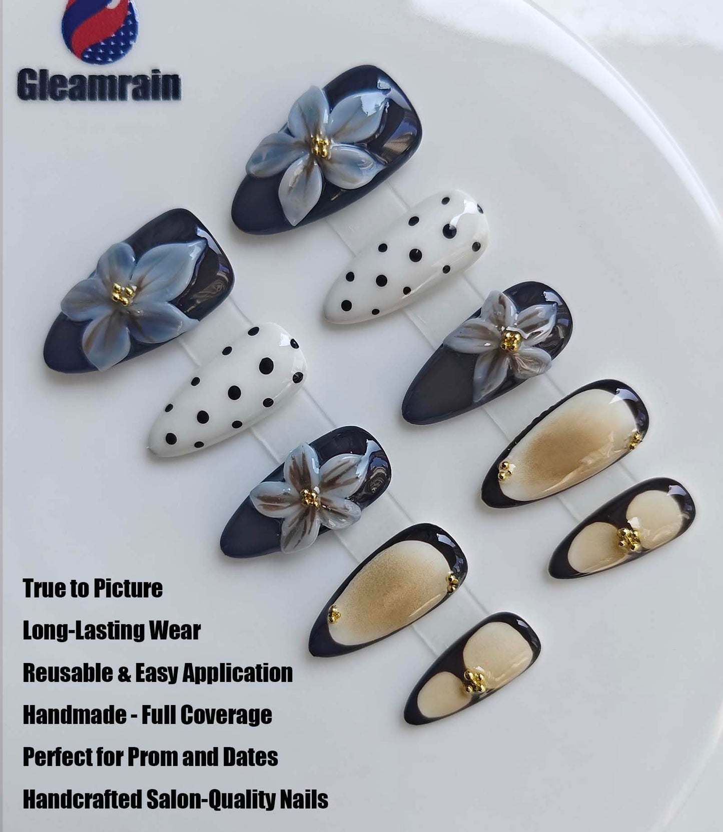 Gleamrain 10pcs Almond Handmade Press-on Nails, Medium French Tip (M Size) - With Flower and Polka Dots Design, Pink,Suitable for Women Girls for Daily, Parties, Holidays and Proms,D209