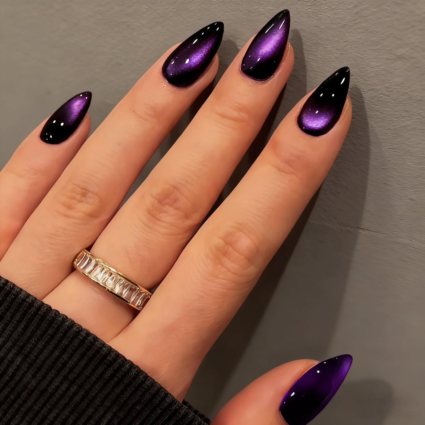 KQueenest Cat Eye Press On Nails Almond - Dark Purple Press On Nails Medium Stiletto, 30 Pcs 15 Sizes Glitter Fake Nails Press ons Black, Upgrade Thick Quality, Reusable Glue on Nail for Women Party