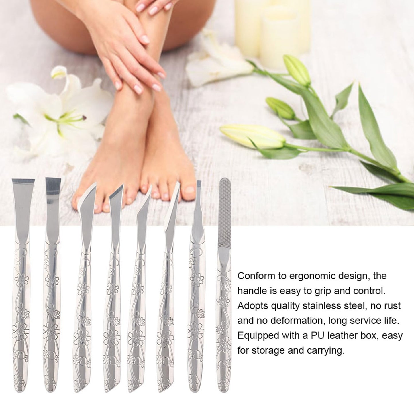 WQAPVHBG 8Pcs Ingrown Toenail Removal Kit, Stainless Steel Pedicure Kit, Pedicure Knife Dead Skin Removal, Ingrown Toenail Treatment Tool Set with A PU Leather Box