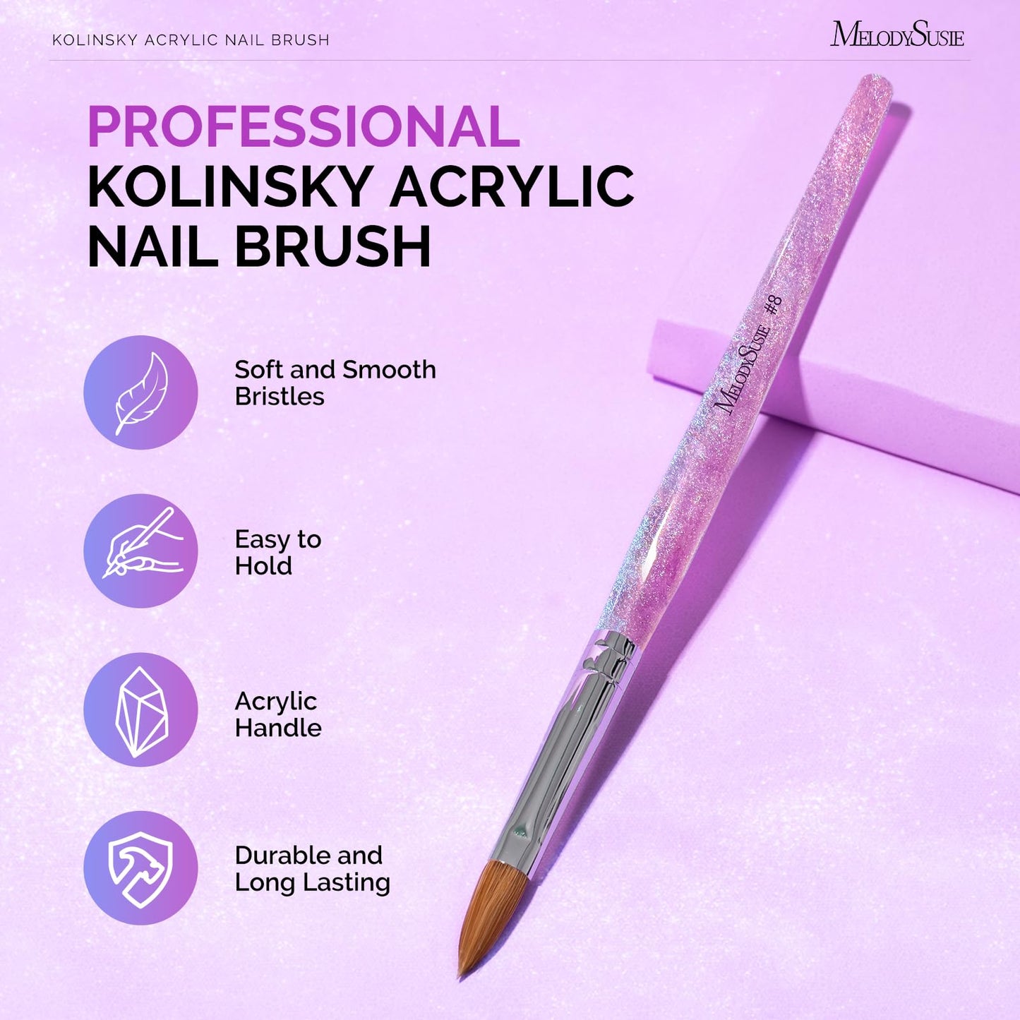 MelodySusie Kolinsky Acrylic Nail Brush,66% Kolinsky Hair Professional Nail Art Brush for Acrylic Application, Aurora Collection Fine Glitter Brush, Purple, Size 8