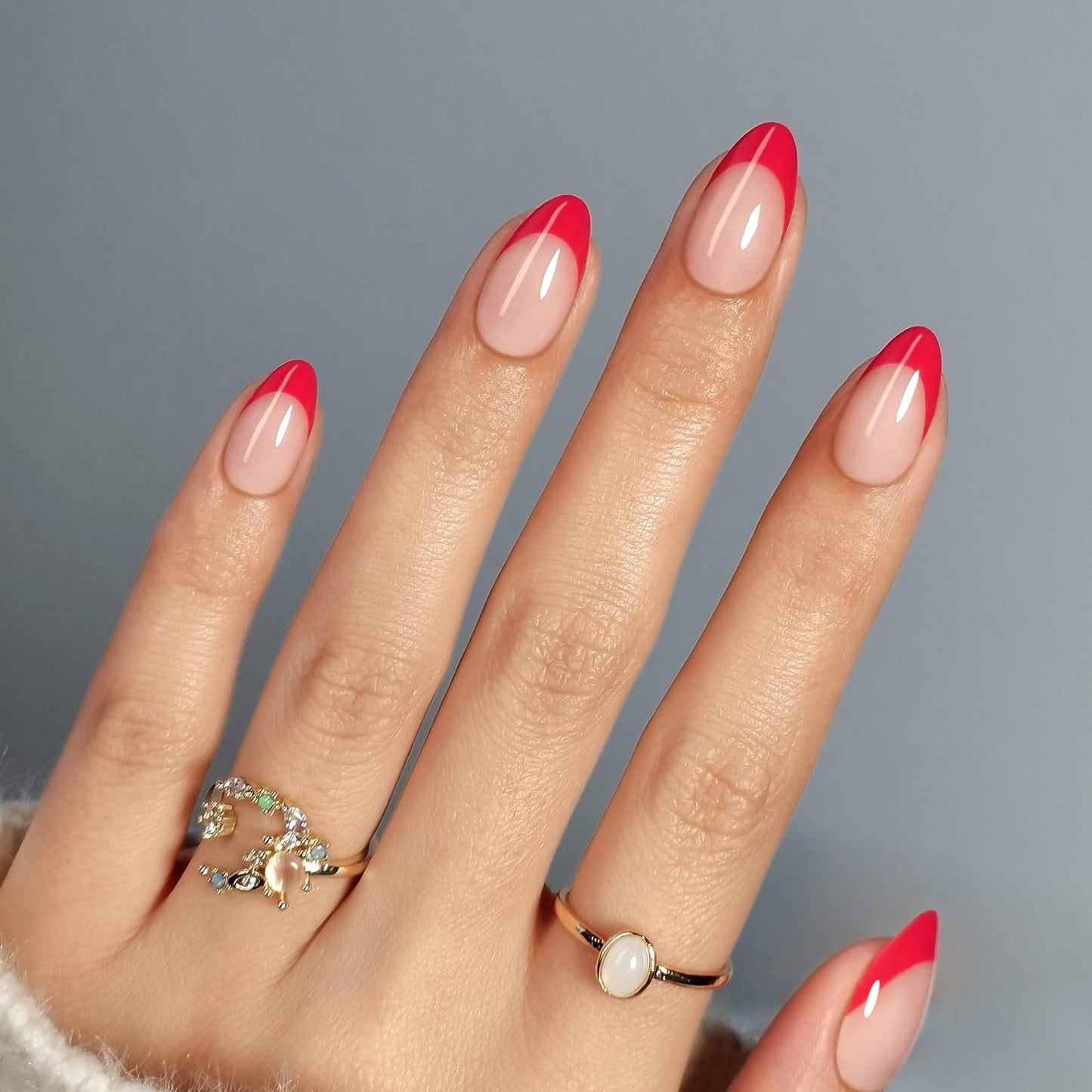Red French Tip Press on Nails Short - SHANGMENG Soft Gel Almond Press on Nails for Women Gift, Fit Perfectly & Natural Glue on Nails with Glue in 16 Sizes - 32 Reusable Fake Nails, Red French