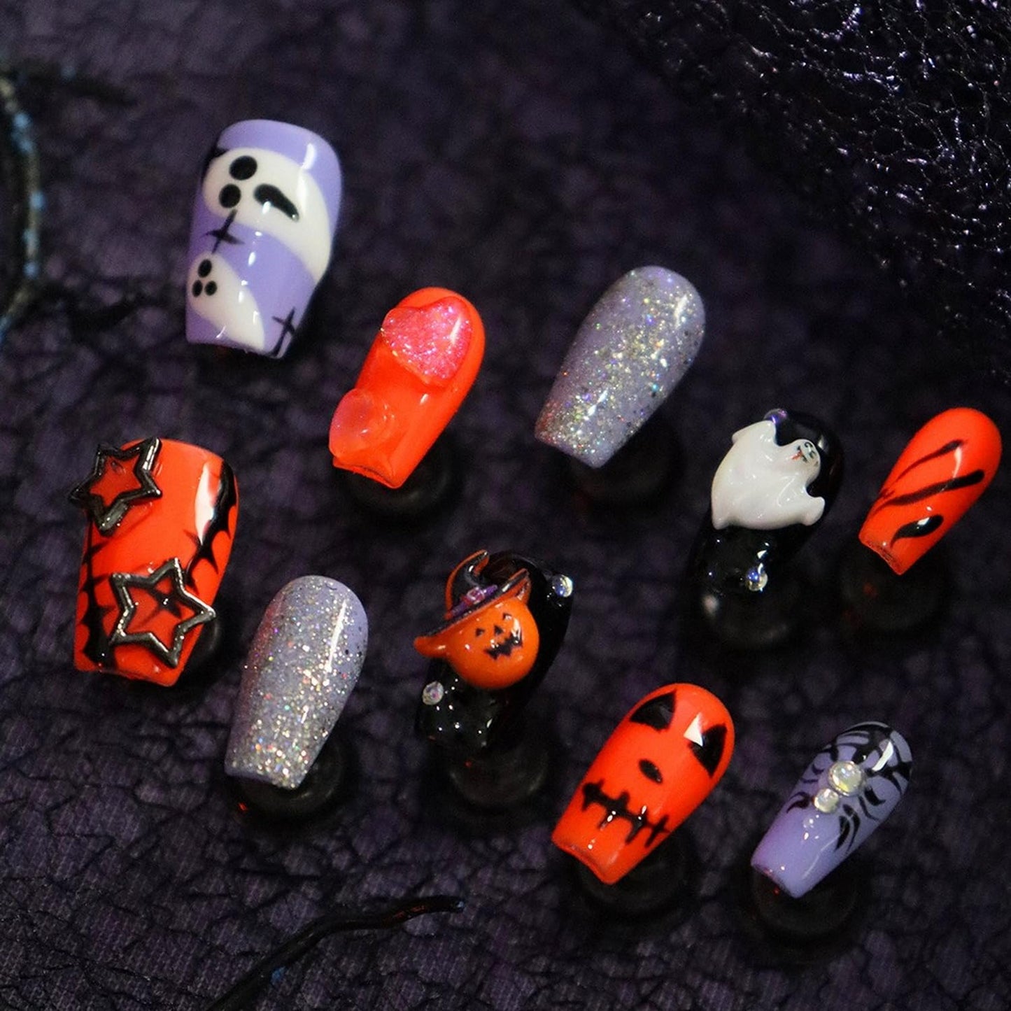 Halloween Press on Nails Handmade Ghost Press on Nails Short Coffin Fake Nail with Pumpkin Head Spider Designs Full Cover Glitter Halloween Glue on Nail for Women Girls (Size S)