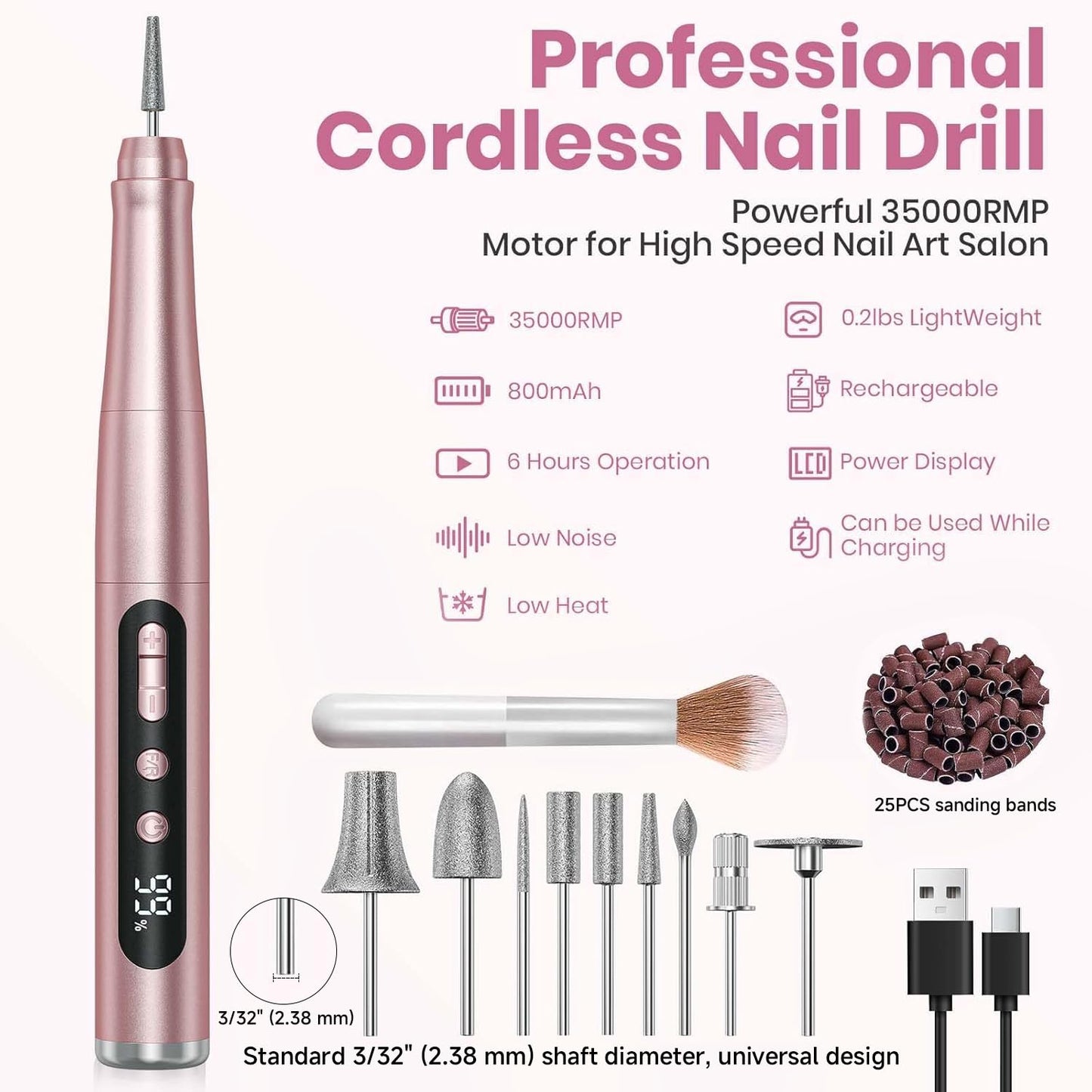 Cordless Nail Drill 35000RPM, Portable Electric Nail File for Acrylic Gel Nails, Professional Manicure Pedicure Kit, Rechargeable Pedicure Tools for feet with LCD Display, Low Noise Low Vibration