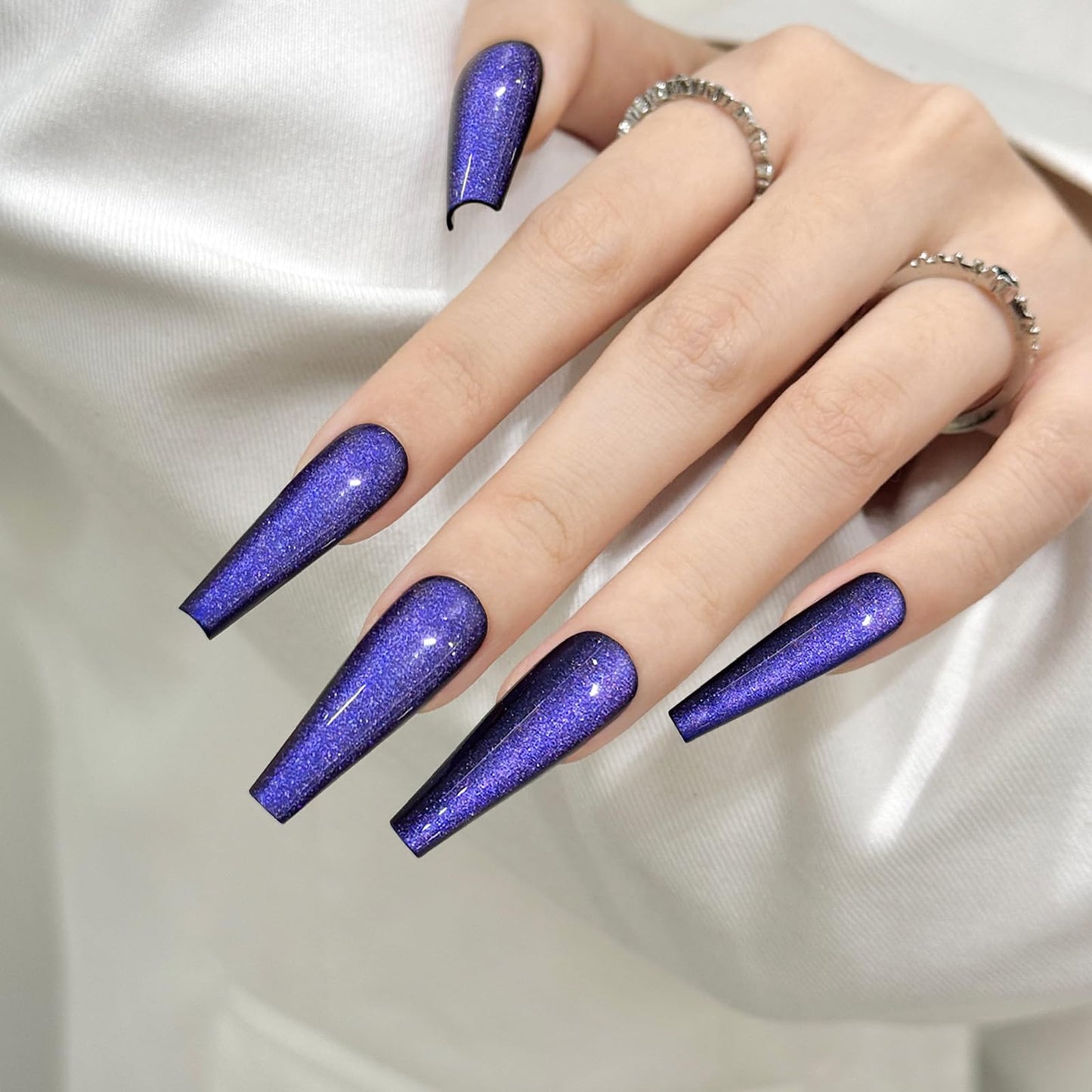 Dark Blue Cat Eyes Press On Nails,12 Sizes-24 Pcs Soft Gel Blue Long Coffin Fake Nails Kit with Nail Glue, Natural Reusable Stick On False Nails for Women and Girls SK1041