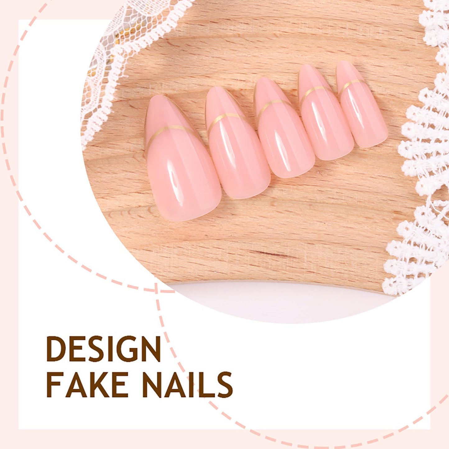 Medium Almond Press on Nails With Gold French Tip Oval Nude Pink Fake Nails Press ons Acrylic False Nails Full Cover Artificial Stick on Nails for Women Girls 24 Pcs
