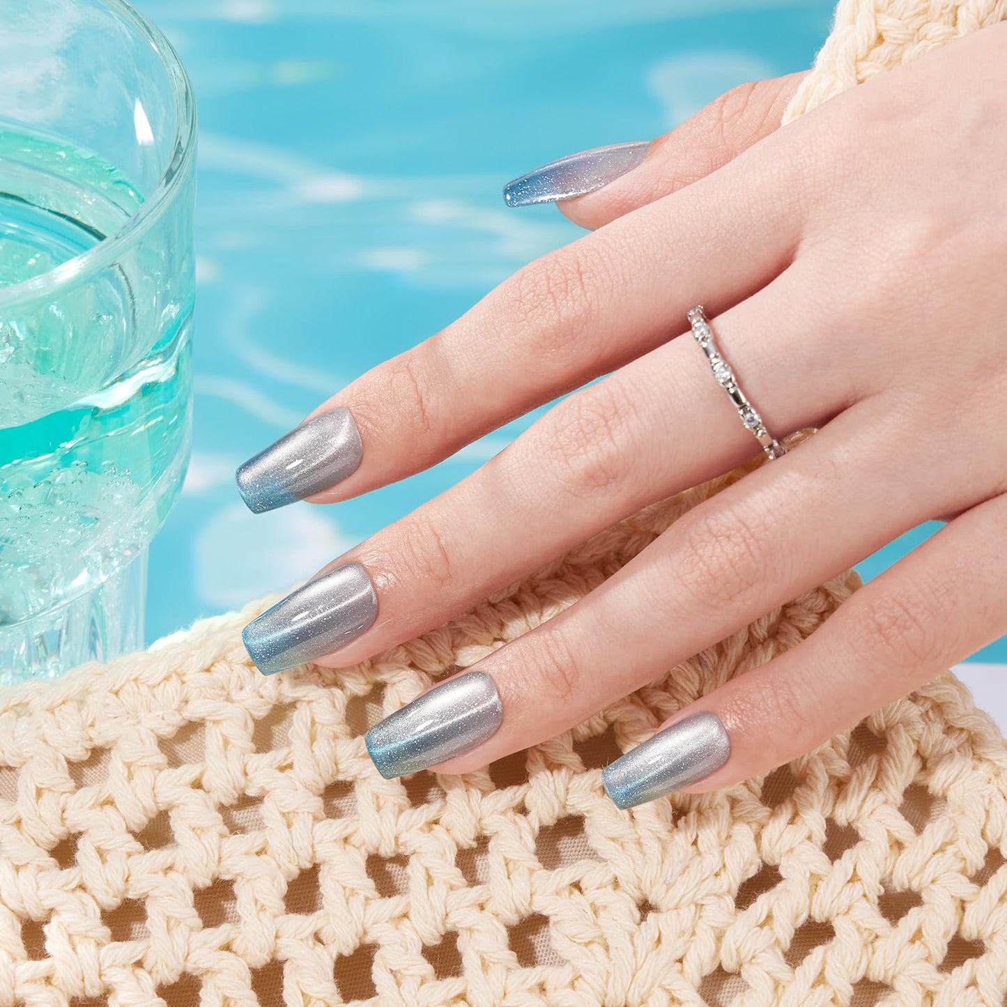VSALON Coffin Medium Press on Nails, Icy Blue Ombre Summer Cat Eye Glossy Chrome Shimmer Fake Nails, Reusable Soft Gel Semi-Transparent Glue on Nails, 32 Pcs in 16 Sizes Kits with Glue & Cuticle Oil