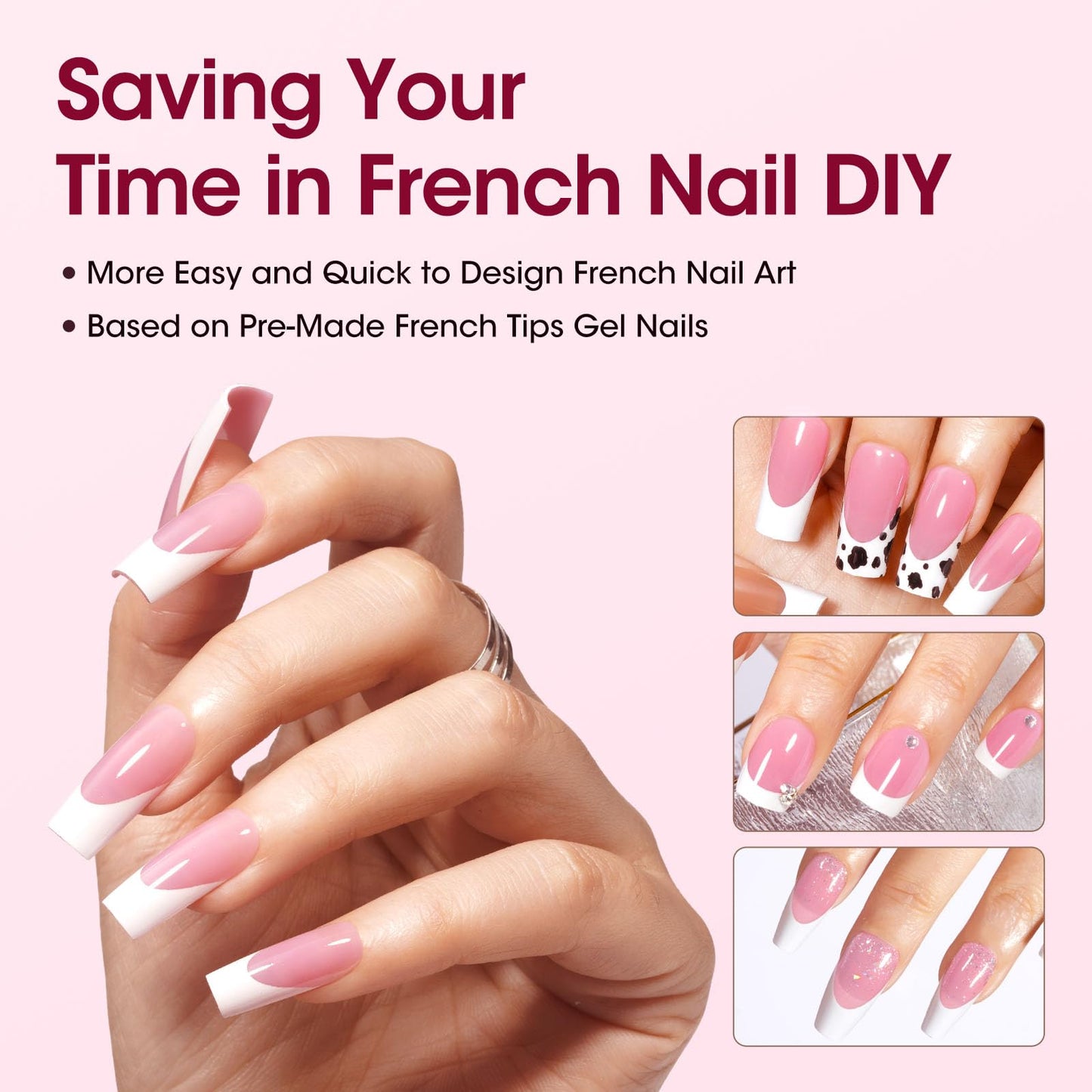 Gellen French Soft Gel Nail Tips - 150 pcs 15 Sizes French Tip Press on Nails Pink Long Square Fake Nails, 3 in 1 Pre-french Gel Nail Tips No Need to File