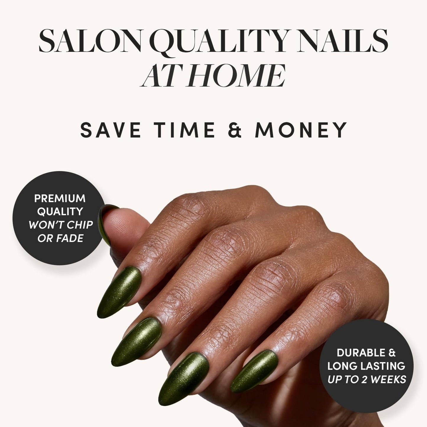 Glamnetic Press On Nails - Cutie Pine | Medium Almond Fake Nails in Deep Evergreen with a Pearl Chrome Finish, Salon Quality Holiday Winter Nails | 15 Sizes - 30 Nail Kit with Glue