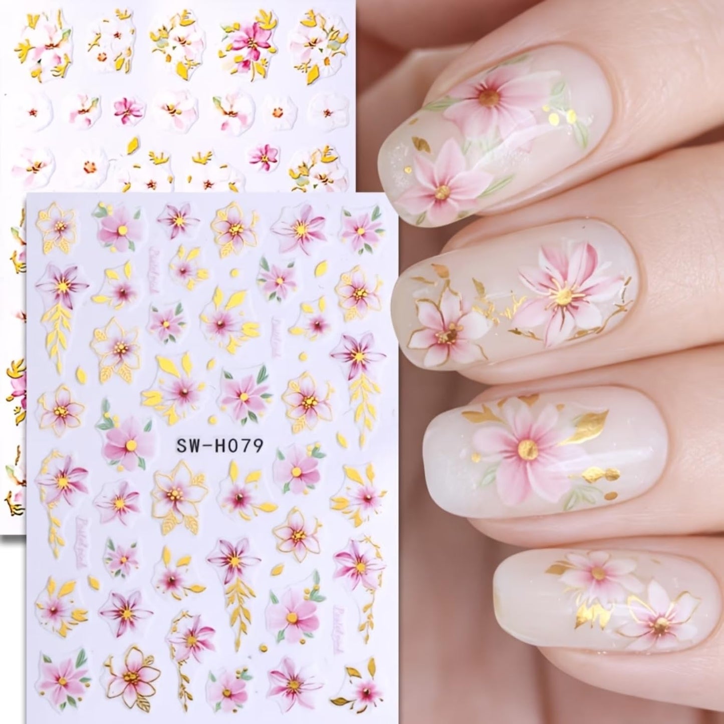 Cherry Blossoms Nail Art Sticker Decal 6Pcs 3D Elegant Self-Adhesive Nail Stickers Gold Leaves Nail Decal Pink Floral Nail Supply Spring Summer Flower Nails Design for Women Manicure DIY Decoration