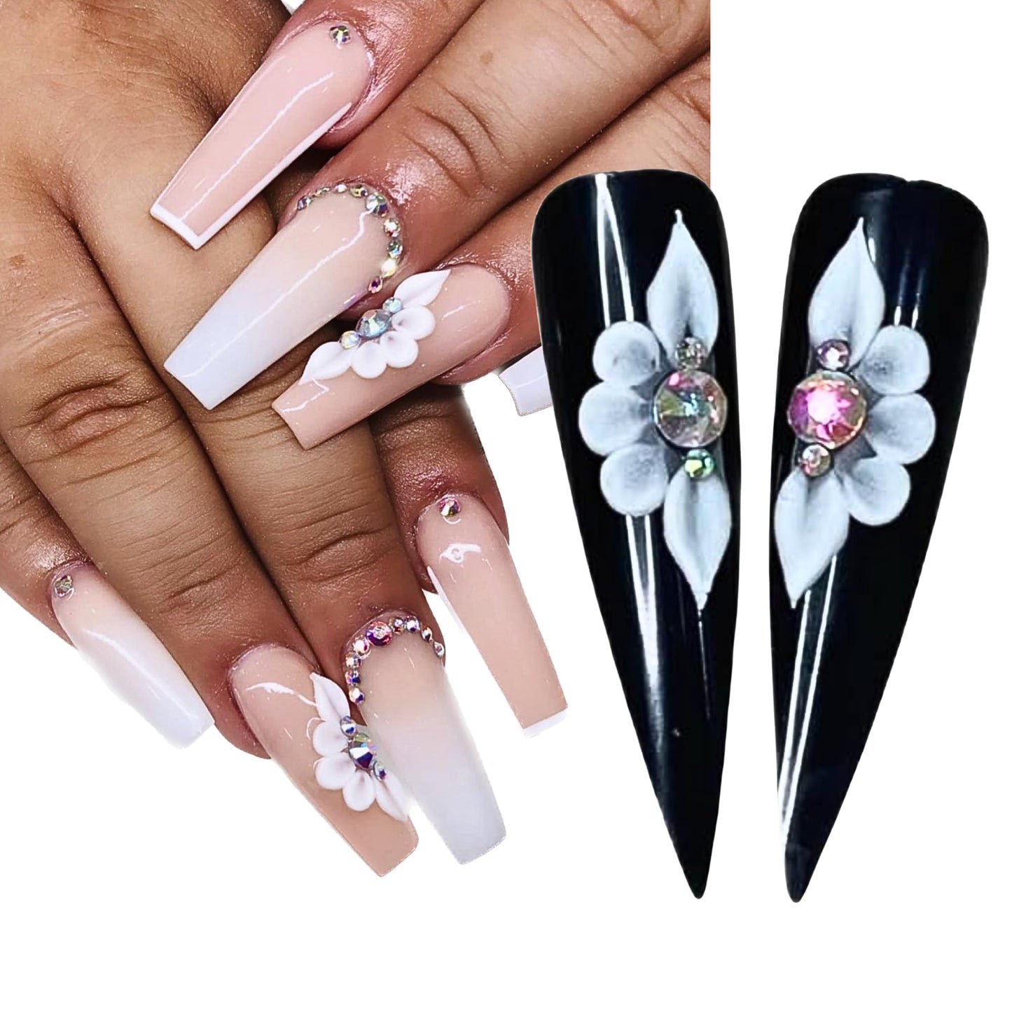 Set 8Pcs 3D Flowers Nails Charms with Rhinestone Gems Handmade by Acrylic Powder Design for Long Nail L,XL,XXL Flower Nail Art Floral Salon Decor Women Girls (White 3 Rhinestones-8Pcs)