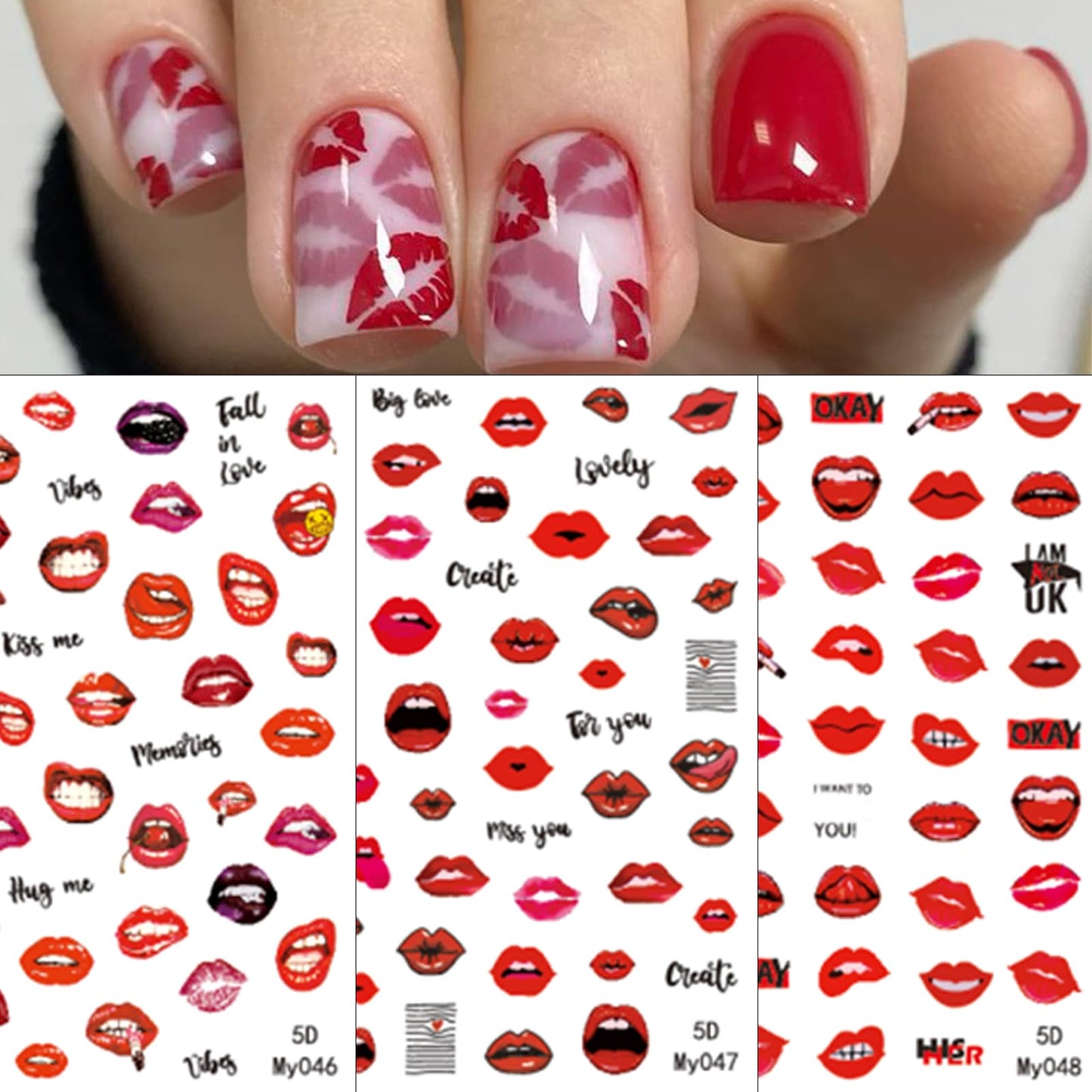3 Sheets Embossed Valentine's Day Lips Nail Art Stickers 5D Self-Adhesive Sexy Red Lips Nail Decals Suitable for Women's Nail Art Decoration