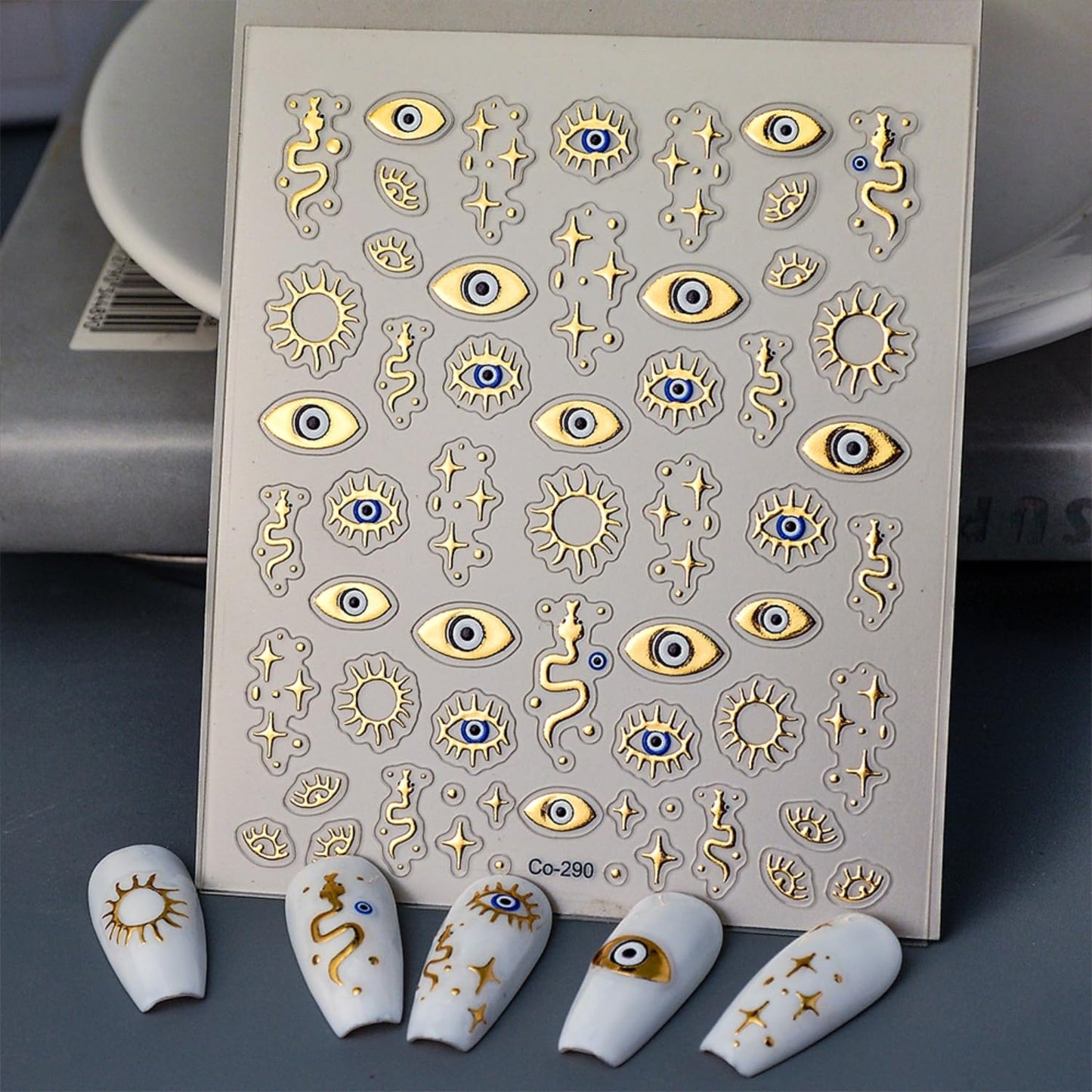 5D Embossed Gold Nail Stickers for Nail Art Evil Eyes Nail Art Stickers Decals for Acrylic Nails Self Adhesive Star Nail Decals Design Gold Nails Supplies for Women Girls