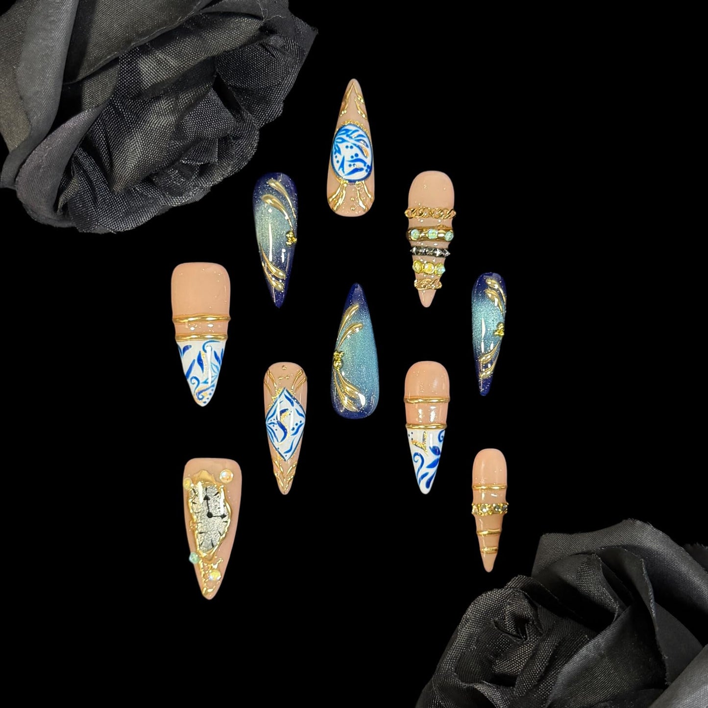 3D Handcrafted Press On Nails, Luxury Fake Nails with Porcelain Pattern, Ring Jewelry Inspired & Unique Clock Face Design, Reusable Acrylic False Nails Navy Blue (S)