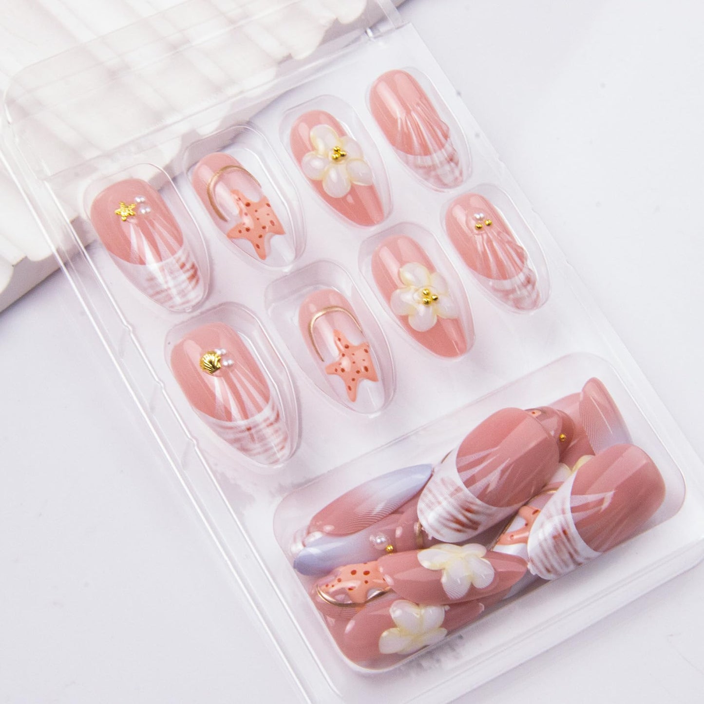 Summer Press on Nails Cute Beach Fake Nails Medium Almond False Nails Ocean Shell Starfish Acrylic Nails French Tip Nails Press ons 3D Flowers Glue on Nails for Women Nail Deco 24Pcs
