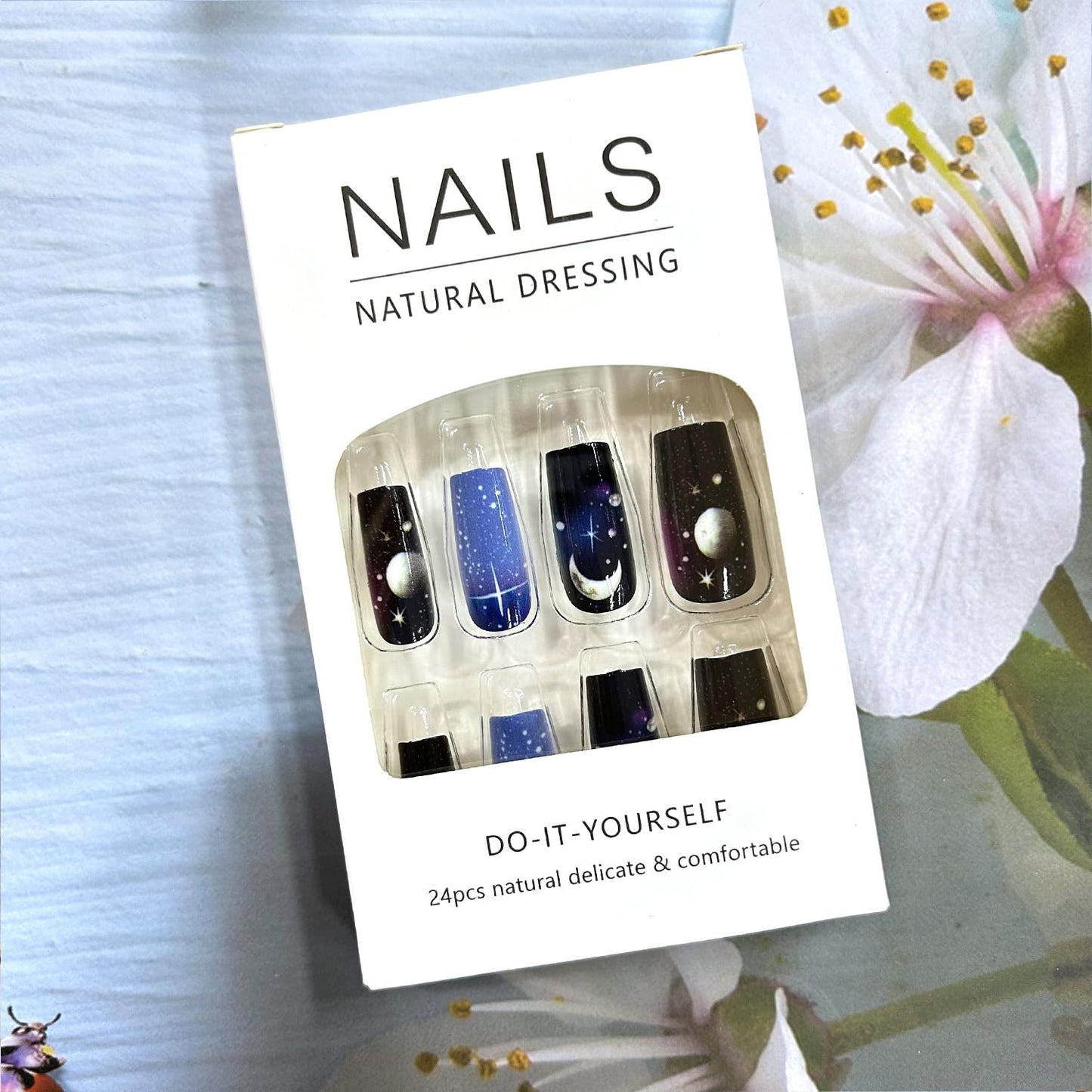 Press on Nails Medium Ballet Shaped Colorful Stars Sky Design Smudge False Nails Stars Ball Fake Nails Full Cover Starry Sky Stick on Nails Artificial Coffin Nails 24Pcs Glue on Nails for Women