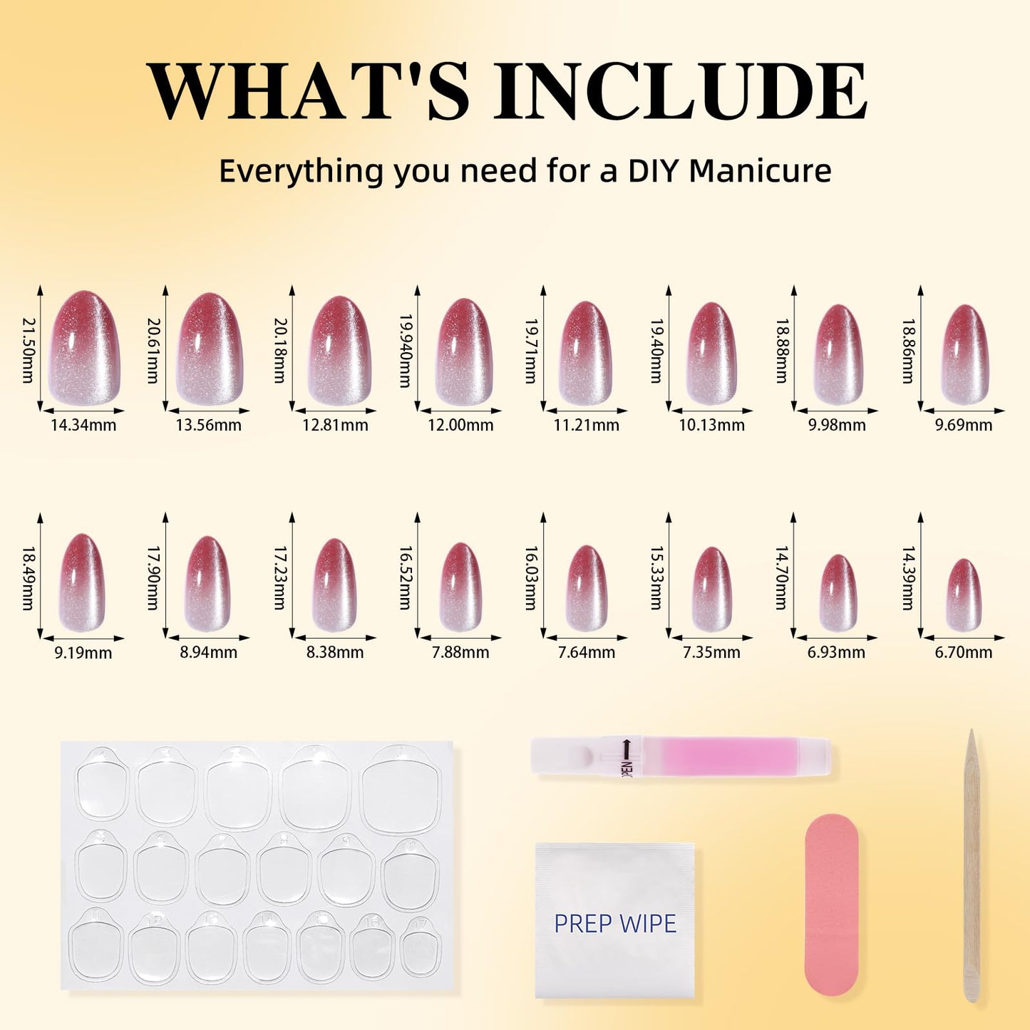 Leefrei Cat Eye Press On Nails Short Almond - Soft Red White Gradient Shimmer Nails Press ons, Reusable Glue On Nails for Women, 16 Sizes 32 Pieces Nail Kit with Glue, Rose Catseye Fade