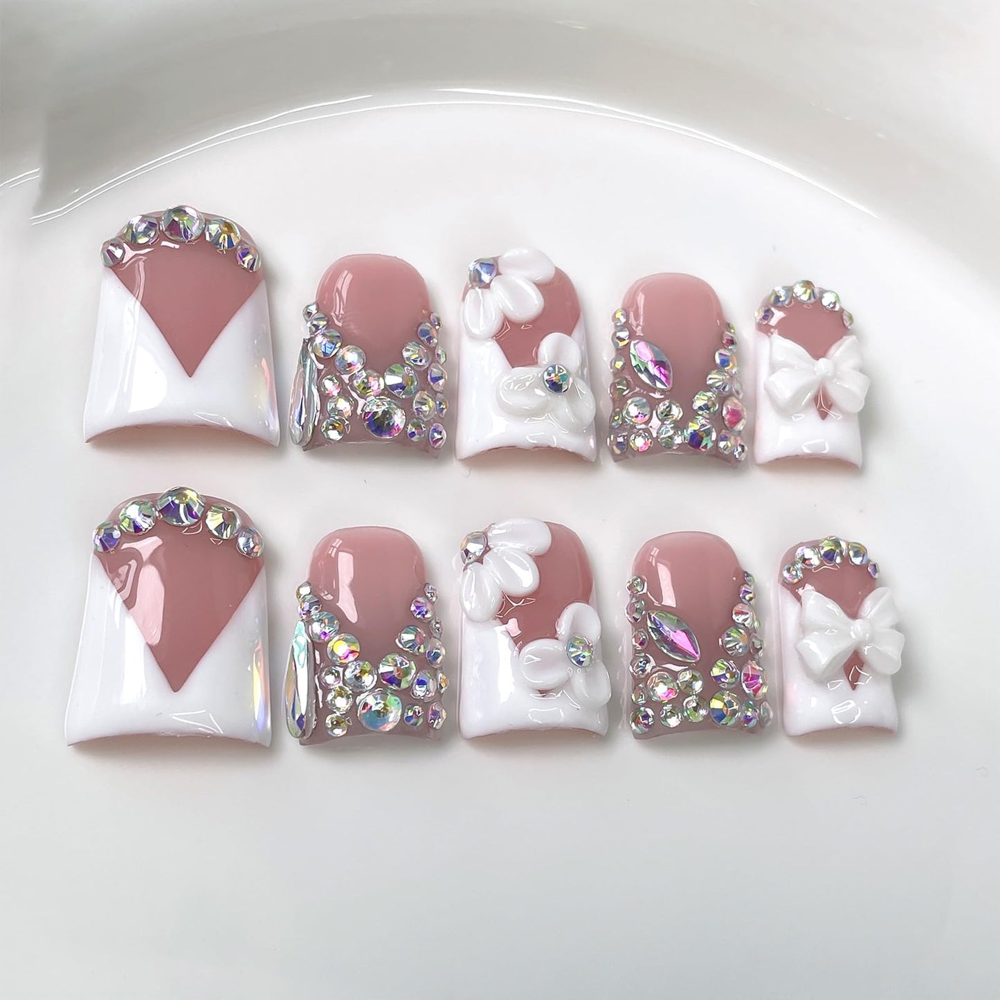 10Pcs Short Duck Press on Nails Handmade Fake Nails French Tip False Nails with 3D Flower Bow Rhinestone Design Handmade Acrylic Nails Press ons Spring Summer Flower Stick on Nail for Women (M)