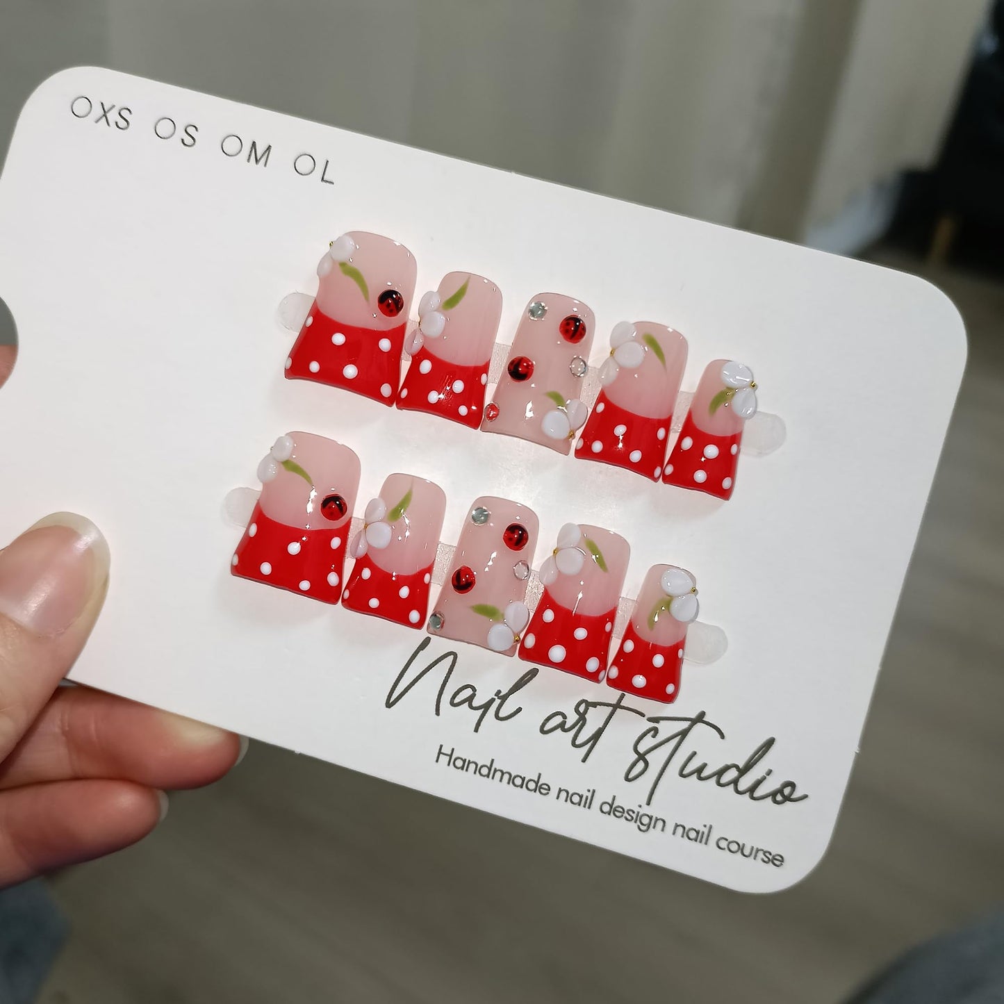 Duckbill Press on Nails - Red French with White Polka Dots & Glass Beads | Glossy Handmade False Nails | Kawaii Cherry Style for Spring(S)