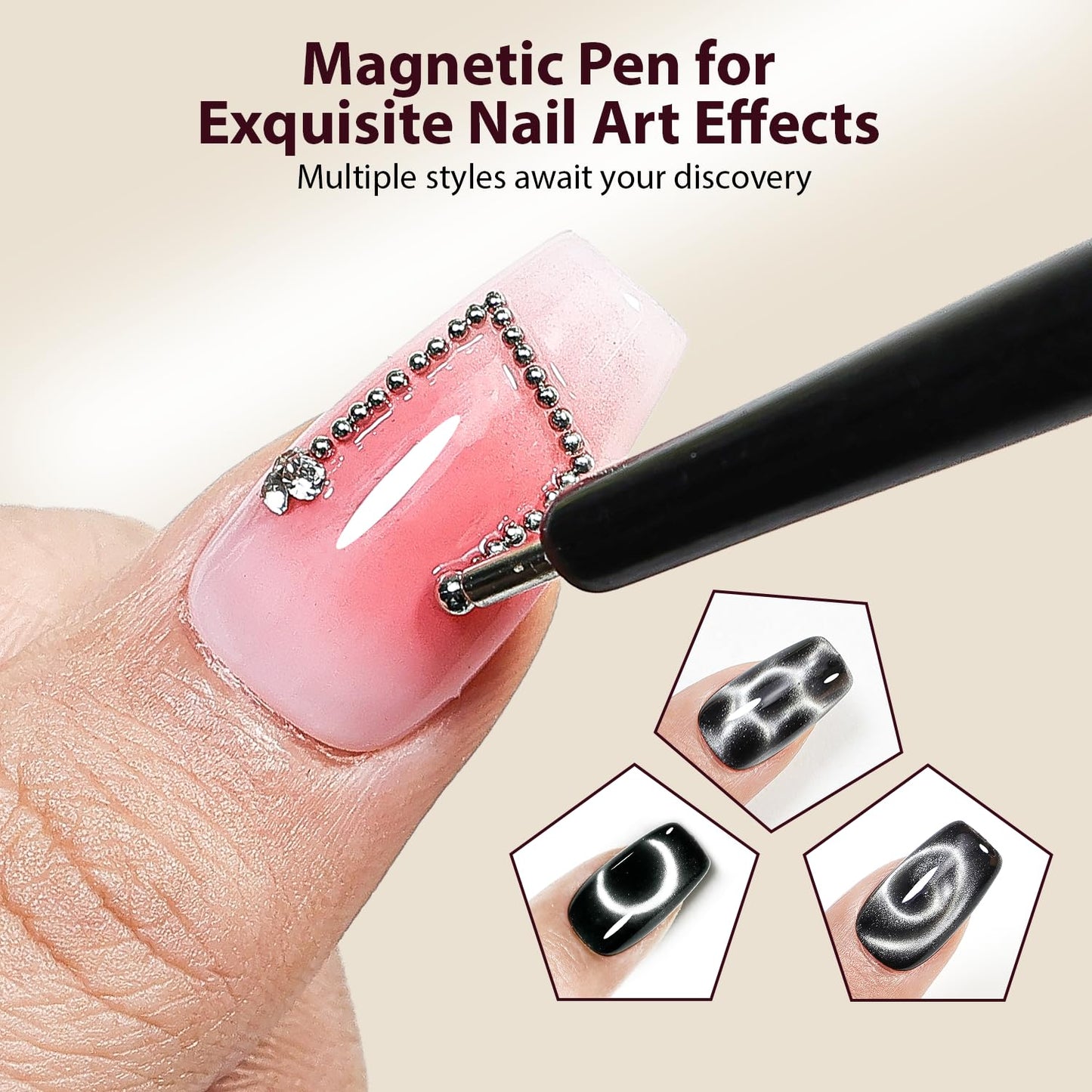 JODSONE Cat Eye Magnet Set for Nails, Heart Cat-Eye Magnets Tool,3 in 1 Cylinder Cat Eye Magnet with Ball Magnets, Magnetic Nail Art Pen, French & Black Hole Nail Magnet Guides for Cat-Eye Nail Effect
