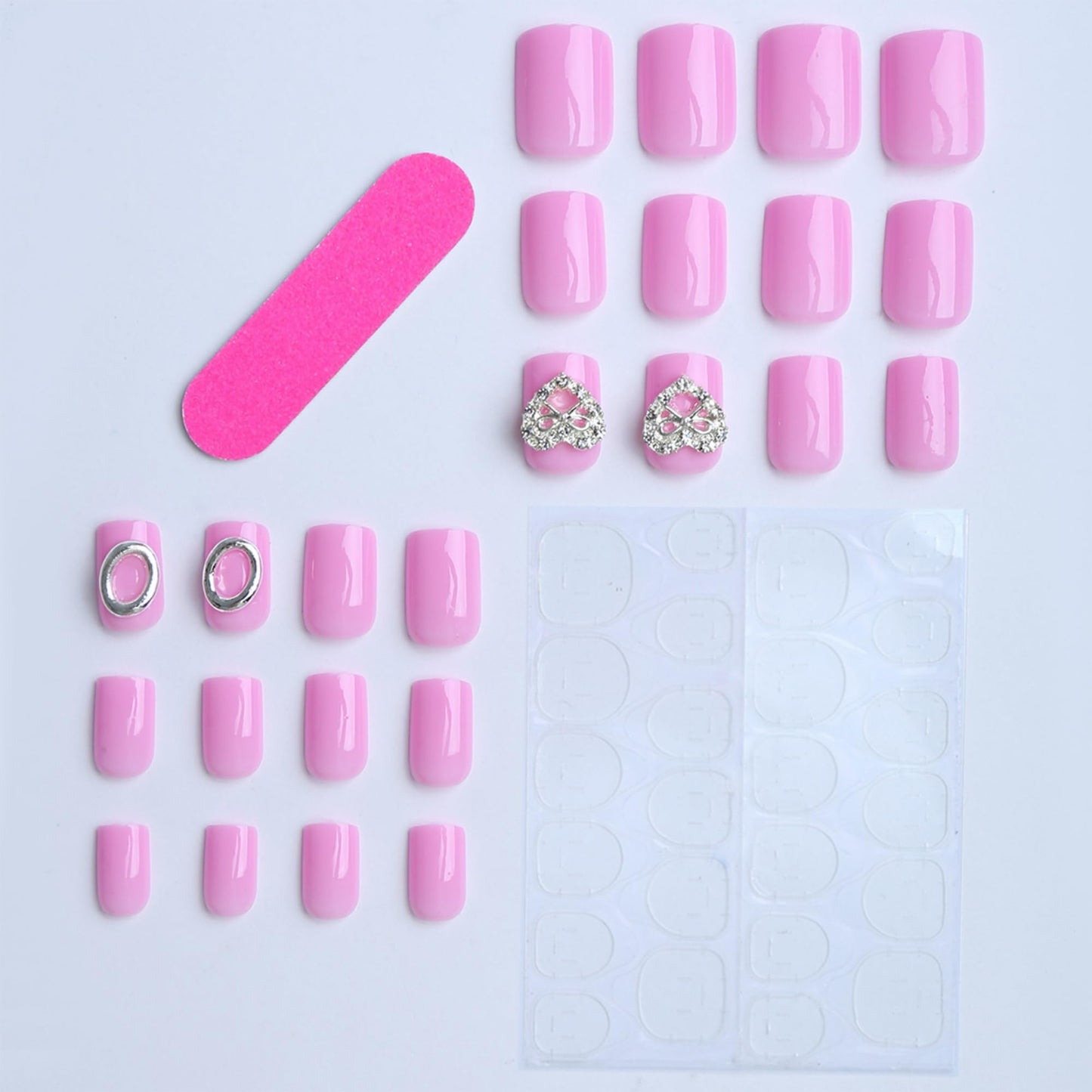 octoswave Press on Nails Square Short Fake Nails Pink Artificial Nail Sparkly Heart Charm Stick on Nail for Women 24pcs