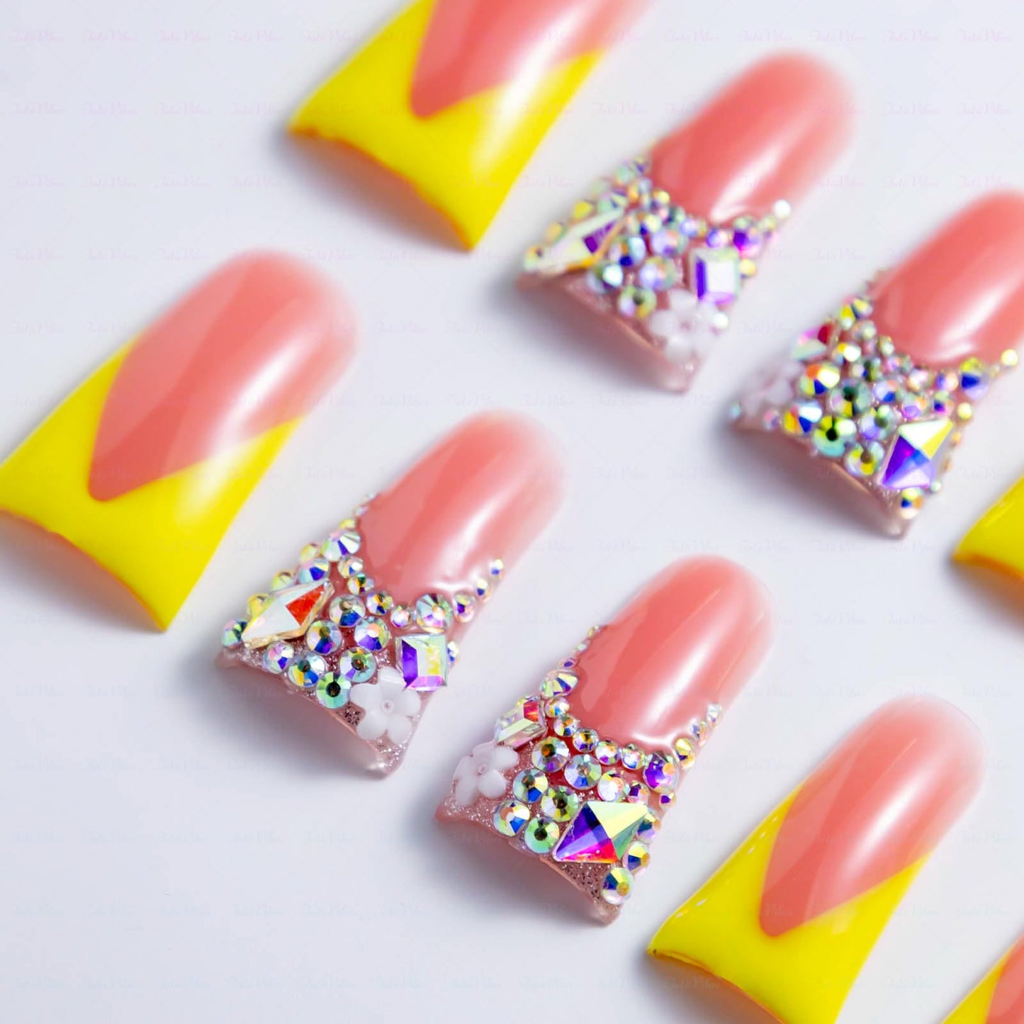 IntoVibes 10 Pieces Luxury Acrylic Press On Nails Long Handmade Duck Nails, Yellow Thickened False French Nails, With Bling Rhinestones & Y2K Princess Vibes, Reusable Acrylic Nails (M)