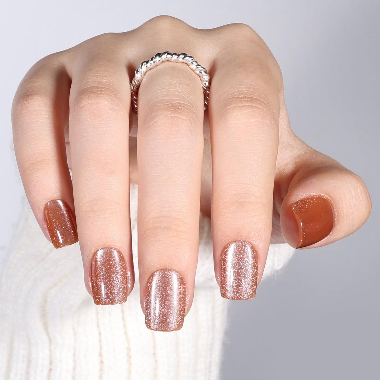 Leefrei Cat Eye Press On Nails Short Square - Warm Gold Brown Shimmer Nails Press ons Reusable Glue On Nails for Women, 15 Sizes 30 Pieces Nail Kit with Glue, Amber Gold