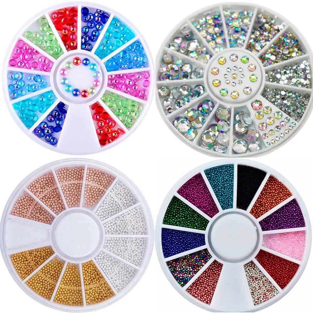 Mesiyun 3D Nail Art Rhinestones Nail Metal Caviar Beads Sparkle Charms Pearls Fashion Nail Art Decorations 4 Wheels