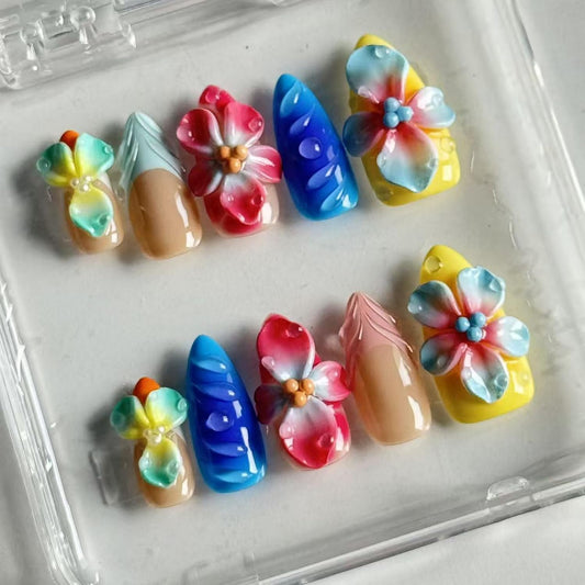 10pcs Handmade Press on Nail Almonds Shape Fake Nails Colorful with Flower designs Full Cover 3D False Nails French Tip Press ones Pride Stick on Nail for Women Beach Vacation Decor （s size）